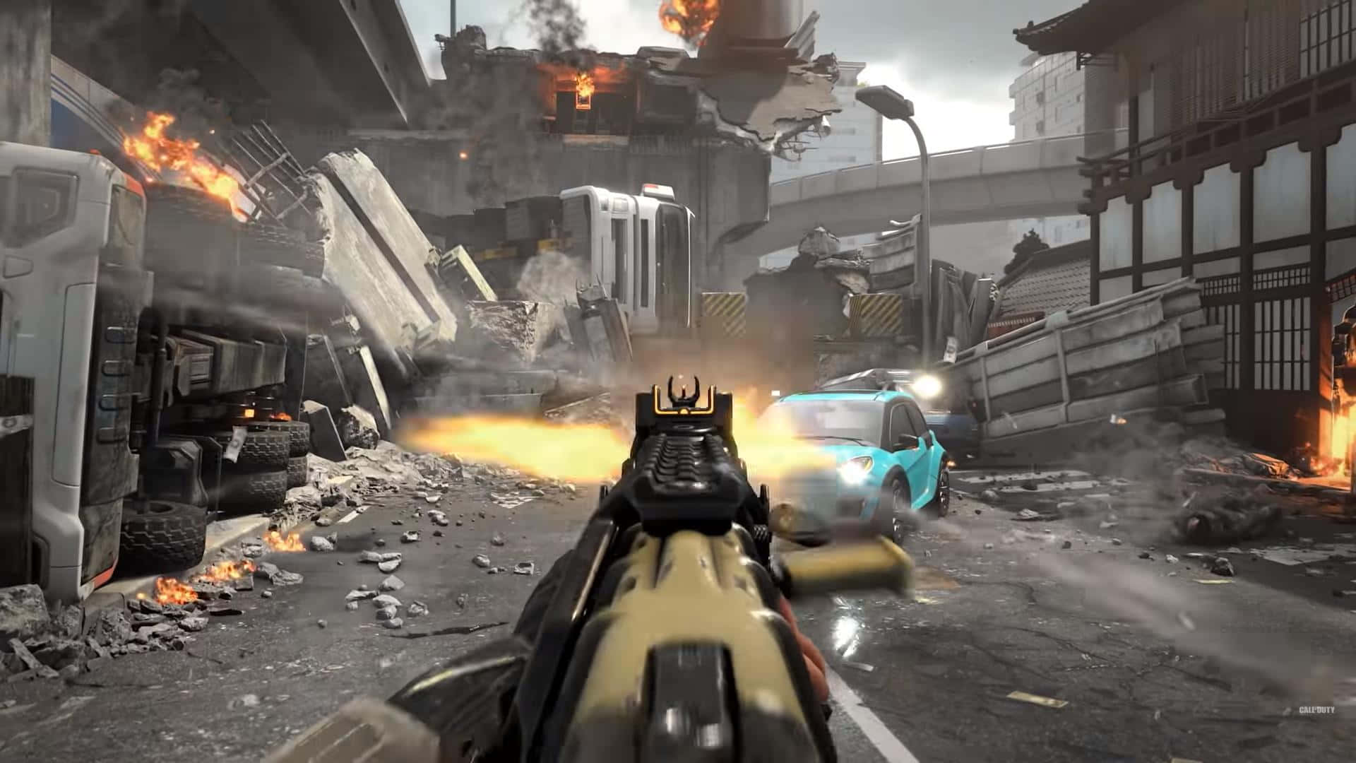 First-person shooter, rubble, burning vehicles, Full HD Desktop Wallpaper
