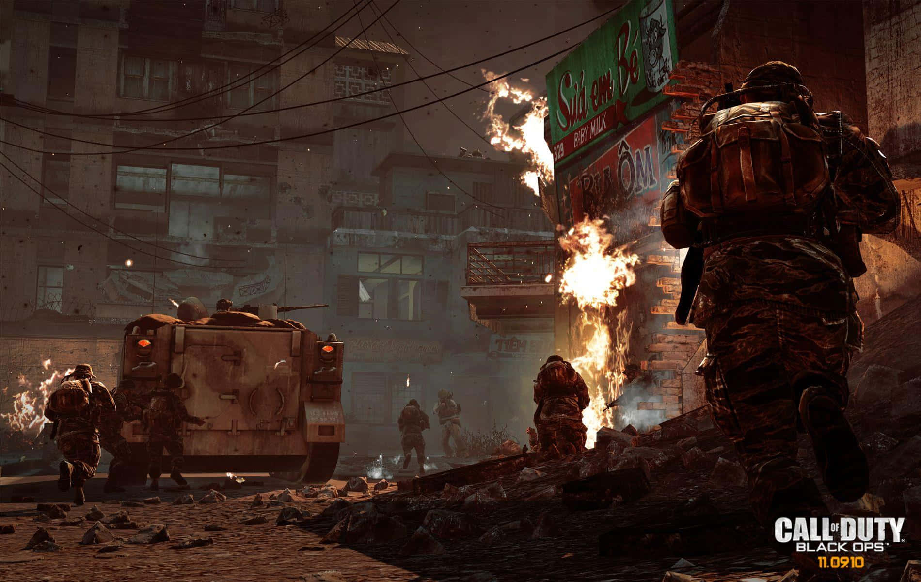 First-person Shooter, war-torn urban street, flames, HD Desktop Wallpaper