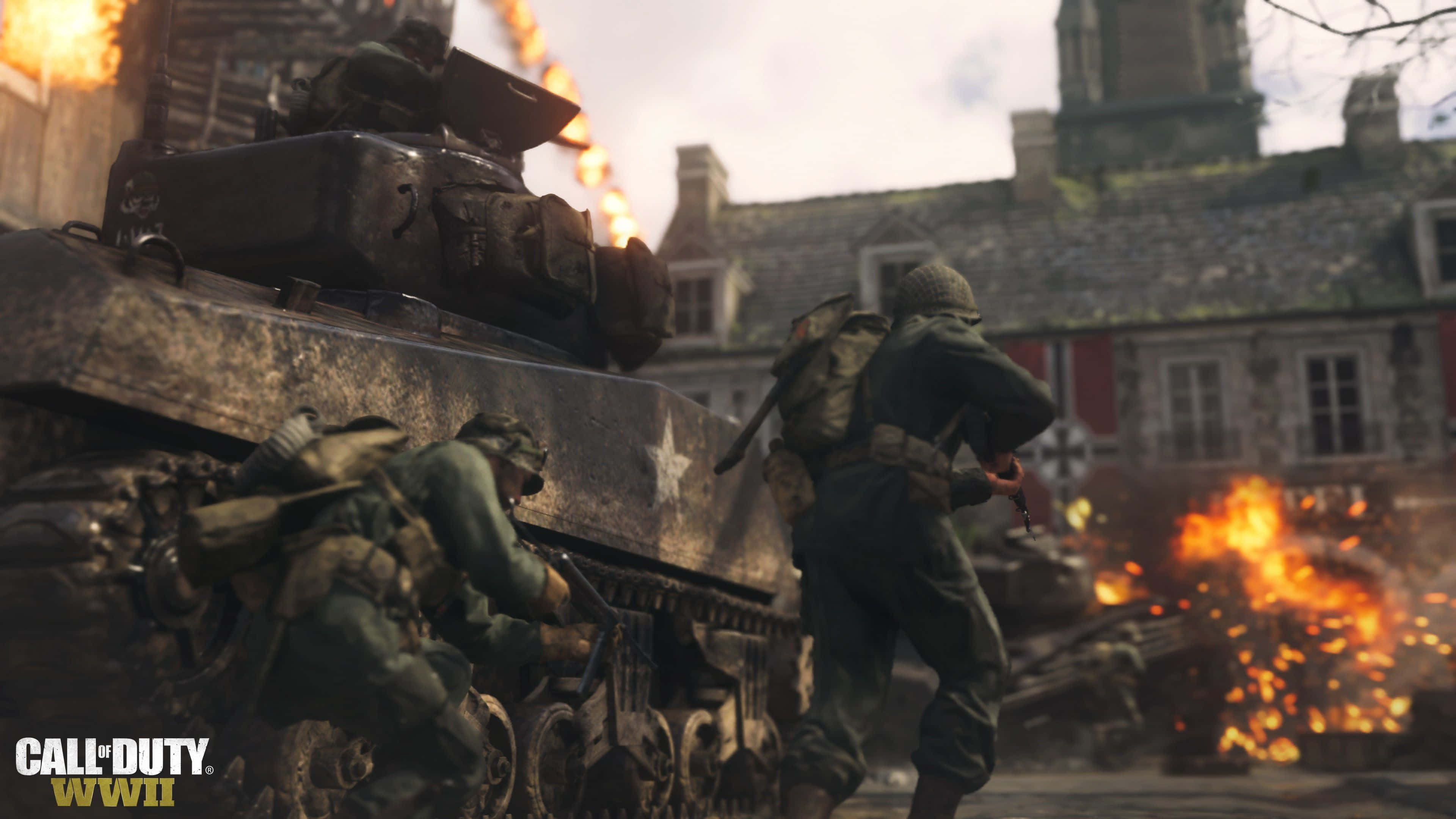 First-person Shooter, burning tank, war-torn European village, 4K Desktop Wallpaper