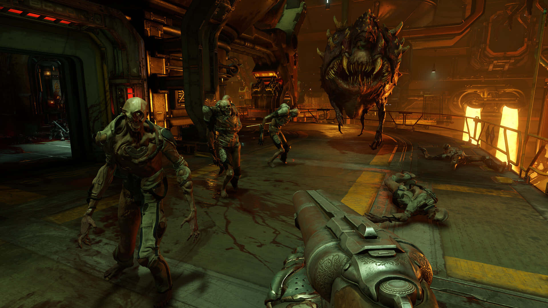 First-person shooter, grimy sci-fi corridor, grotesque alien enemies, Full HD Desktop Wallpaper