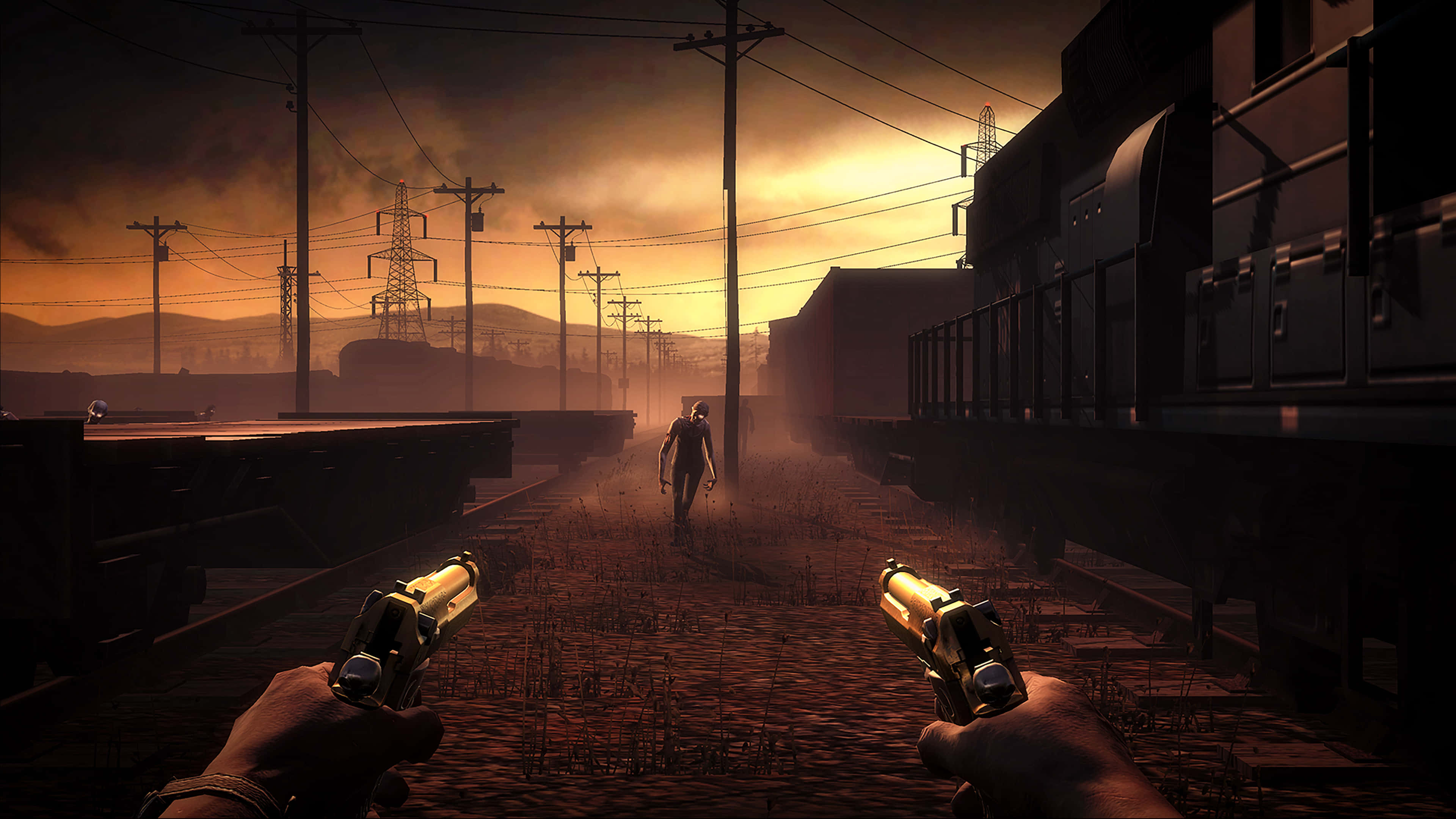 First-Person Shooter, zombie walker, rusted train cars, 4K Desktop Wallpaper