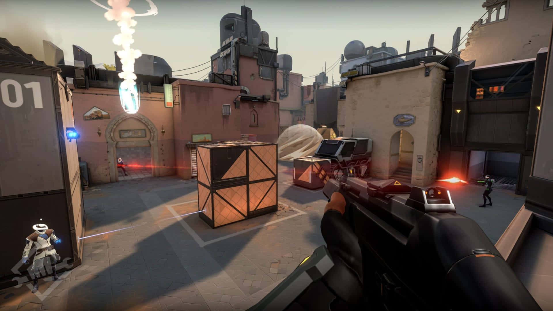 First-Person Shooter, sunlit urban alley, glowing orange crates, Full HD Desktop Wallpaper