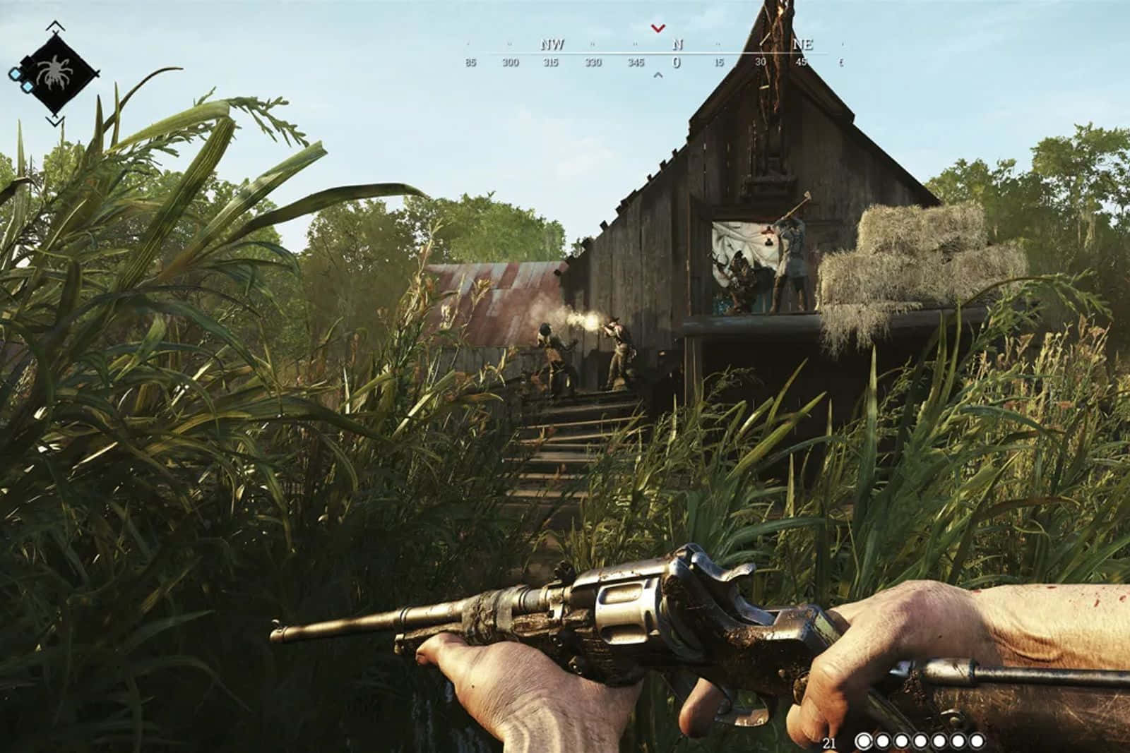 First-person Shooter, revolver, rustic wooden house, HD Desktop Wallpaper