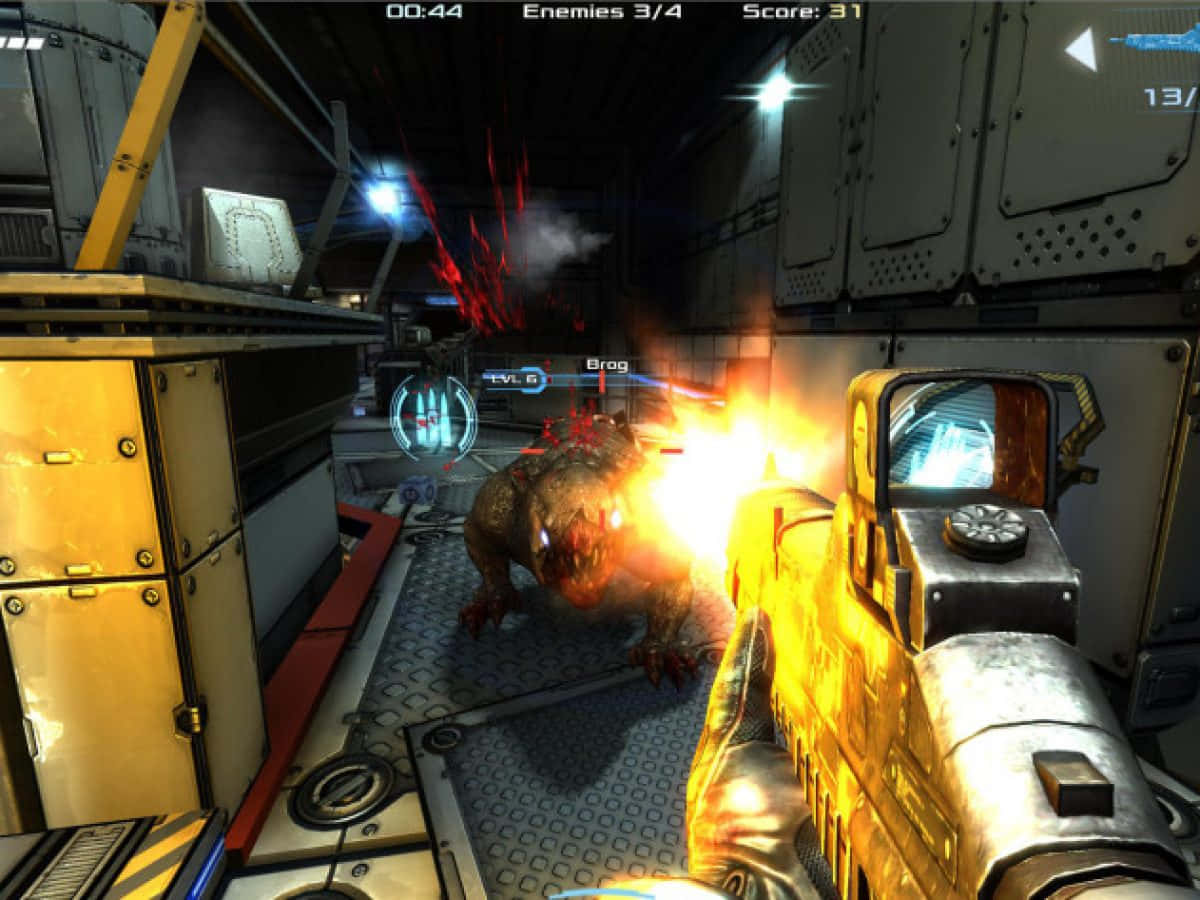 First-Person Shooter, glowing red monster, metallic industrial corridor, SD Desktop Wallpaper