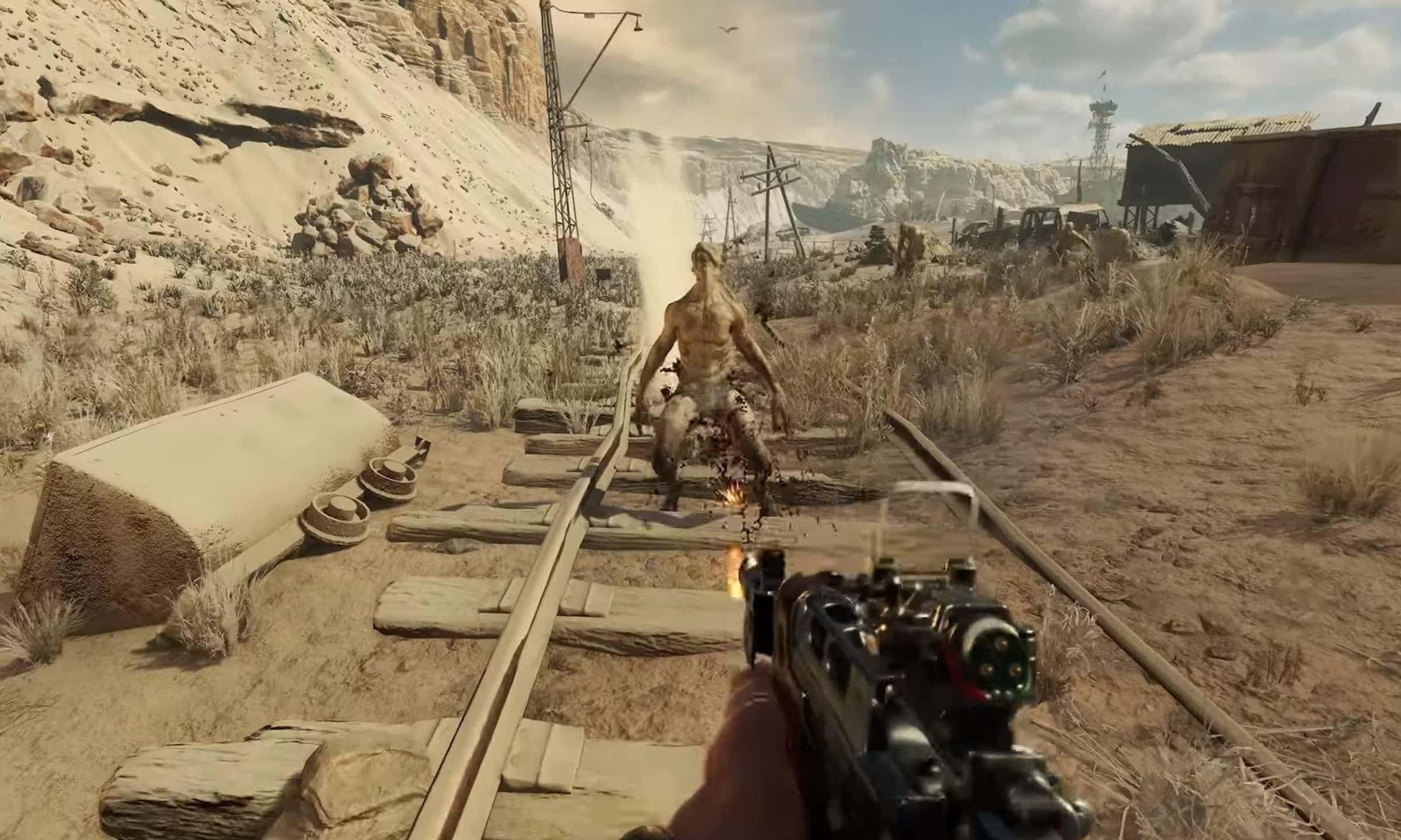 First-Person Shooter, desert railway tracks, abandoned structures, Full HD Desktop Wallpaper