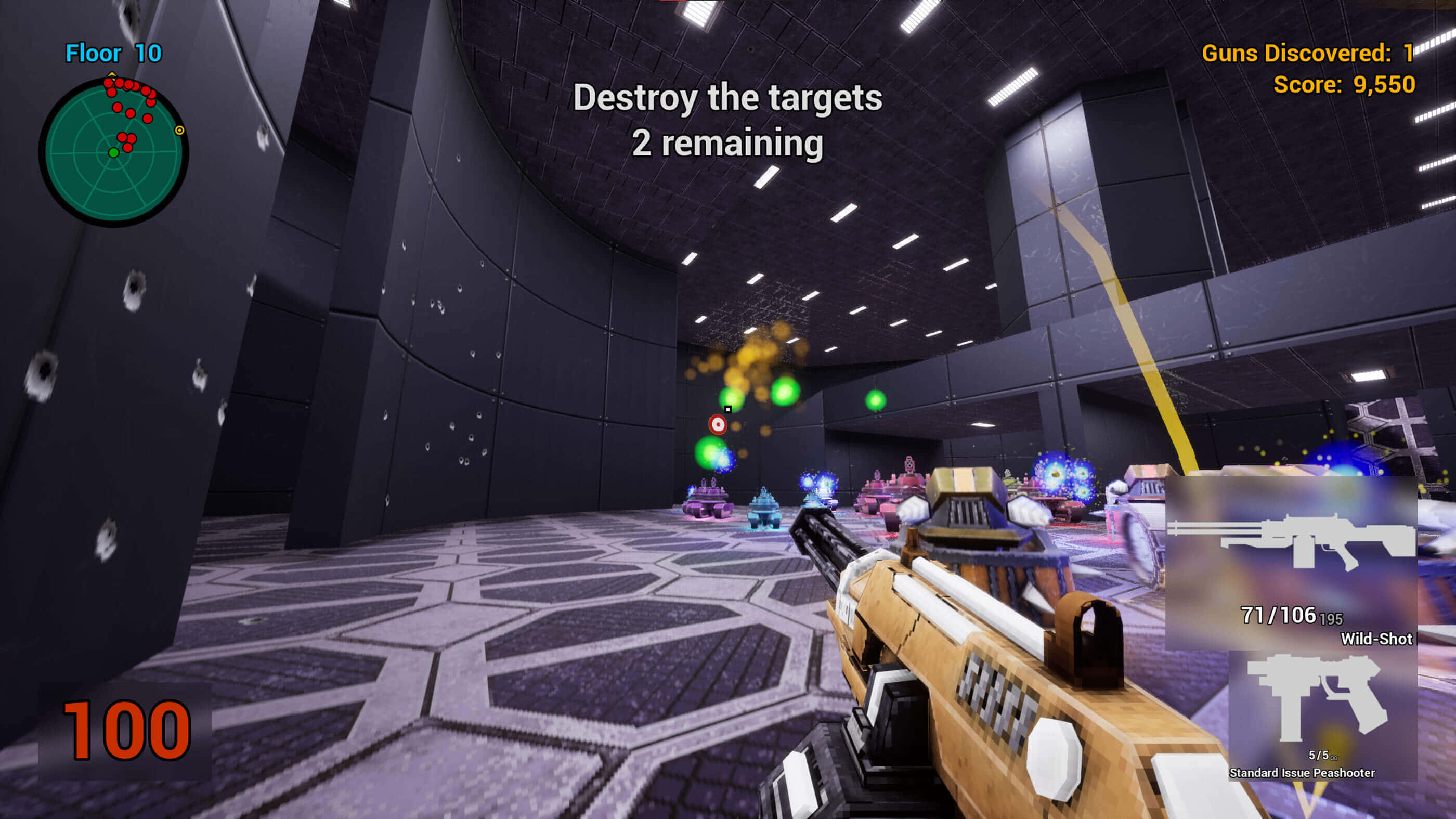 First-person shooter, dark futuristic arena, glowing targets, 2K Desktop Wallpaper