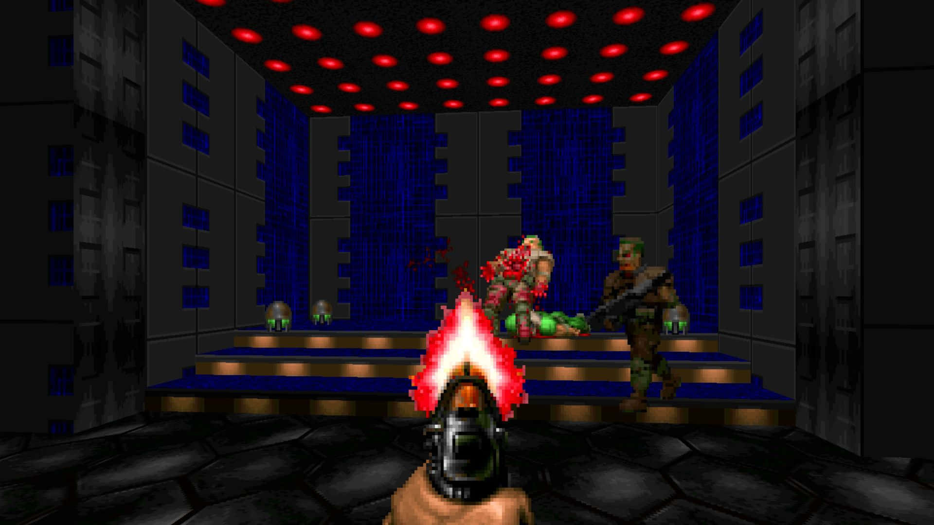 First-person shooter, dark sci-fi room, red ceiling lights, Full HD Desktop Wallpaper