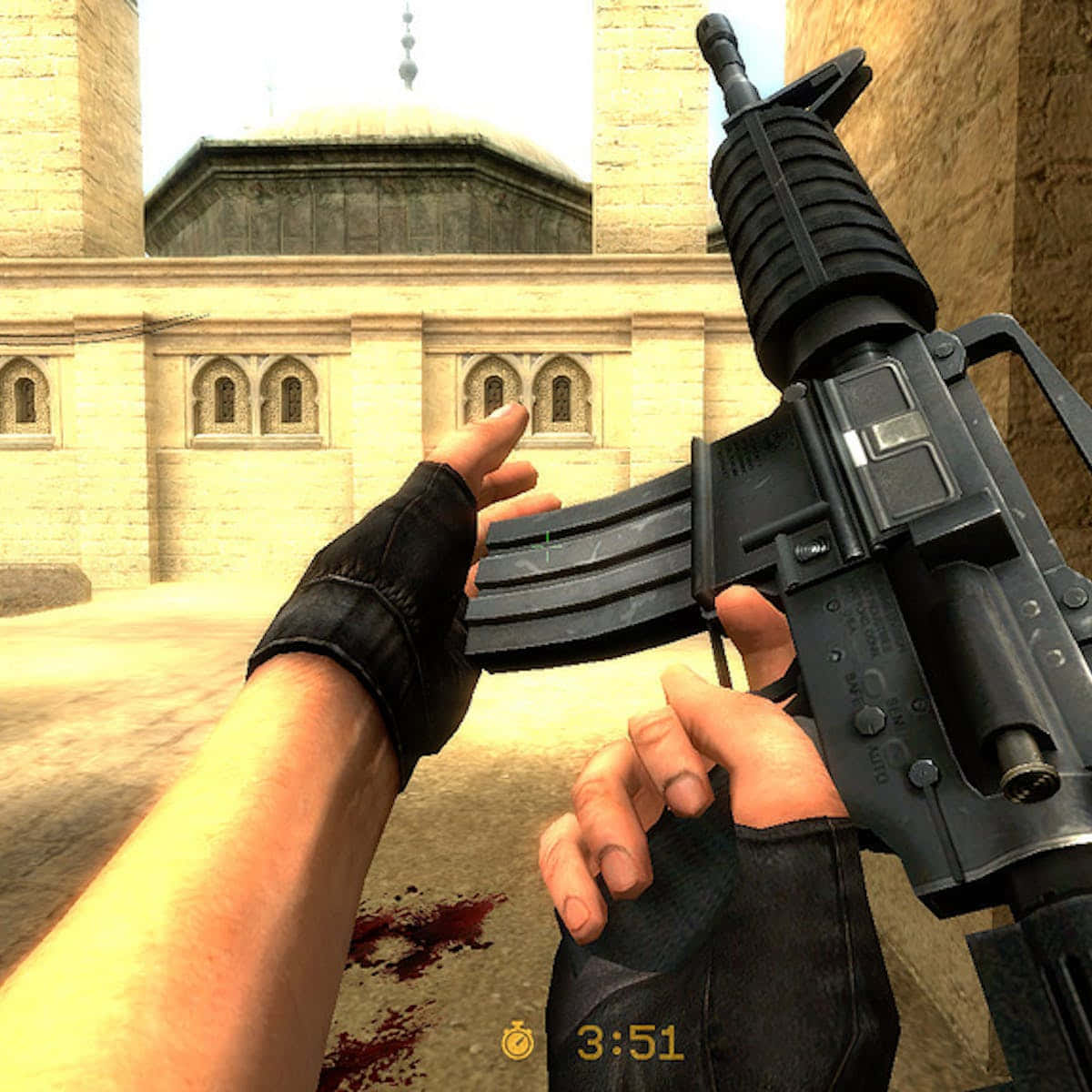 first-person shooter, assault rifle, sunlit courtyard, SD Desktop Wallpaper
