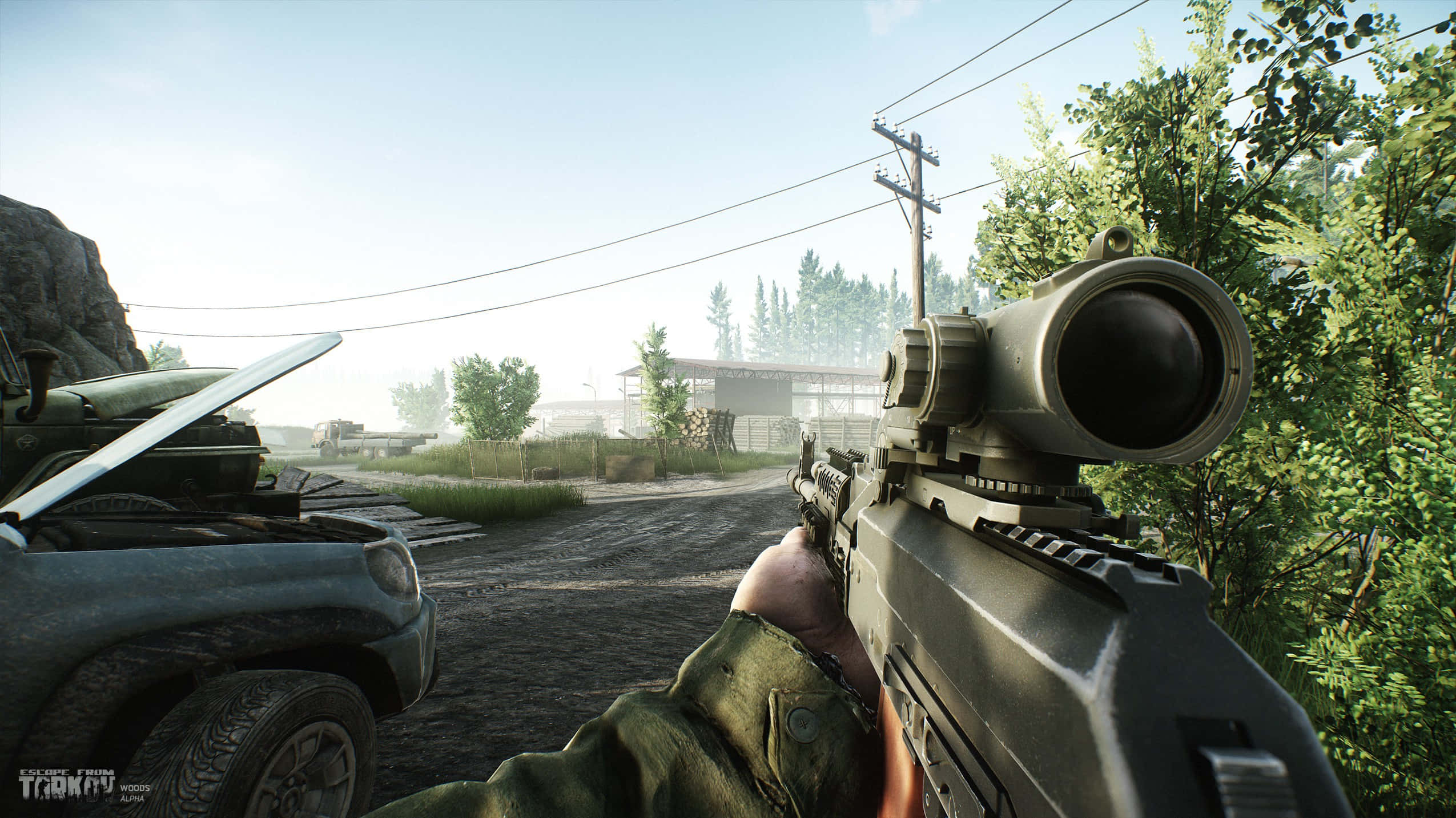 first-person shooter, scoped rifle, sunlit rural setting, Full HD Desktop Wallpaper