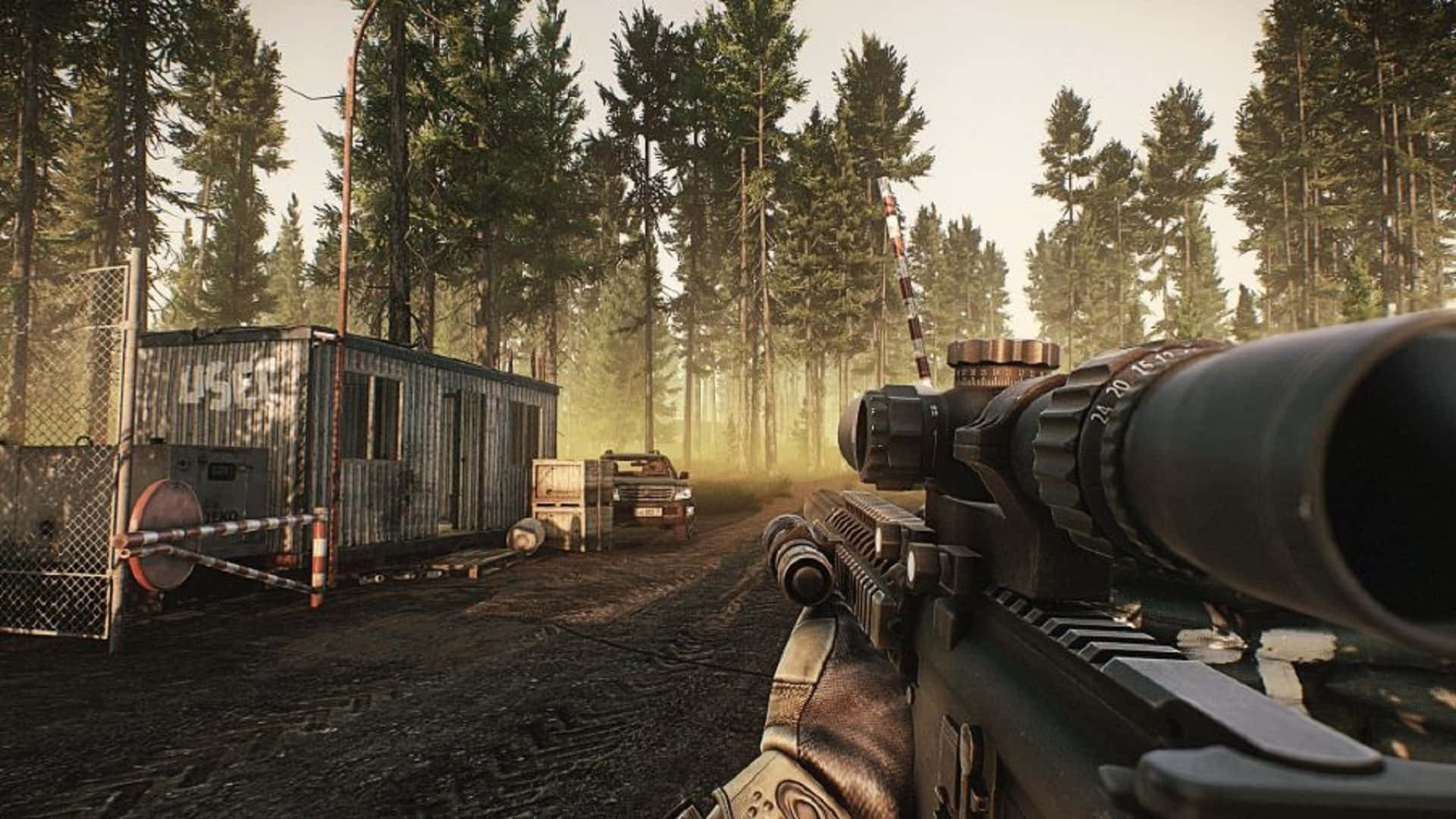 sniper rifle, rusty truck, corrugated metal shed, Full HD Desktop Wallpaper