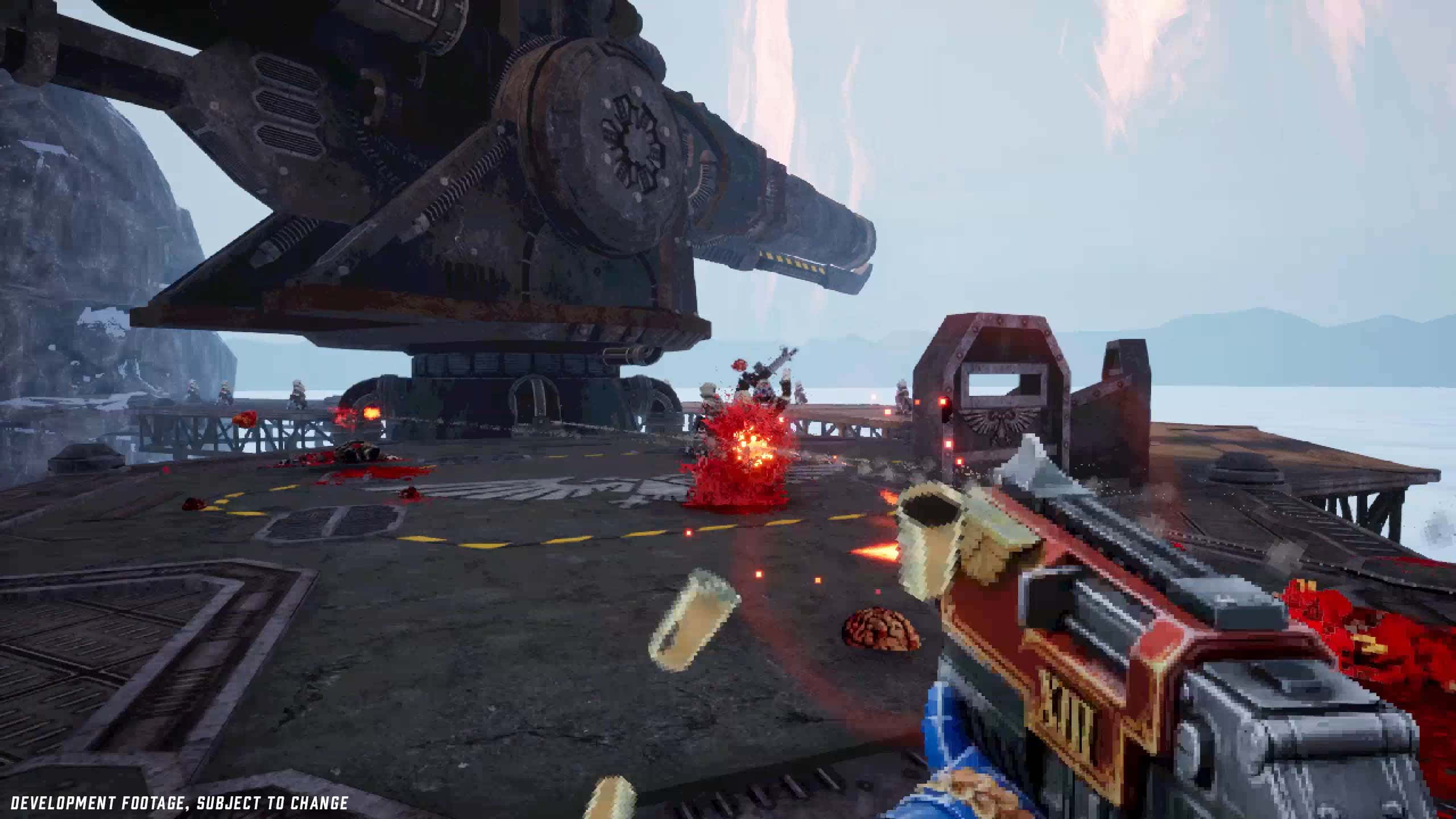first-person shooter, gun turret, red explosions, 2K Desktop Wallpaper