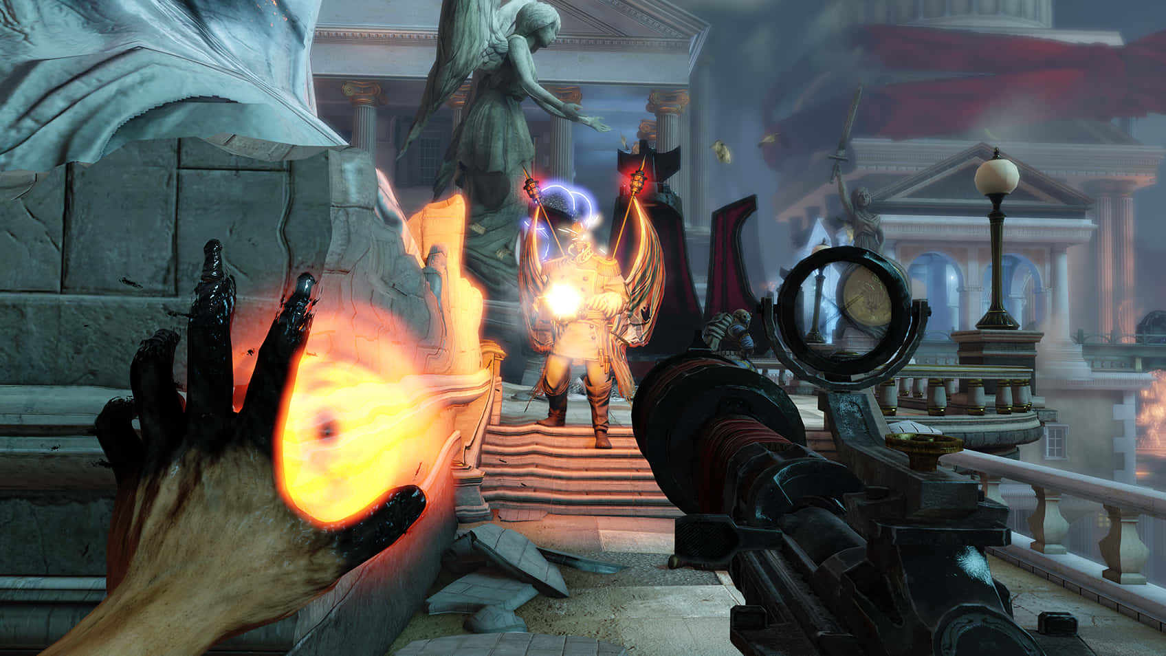 First-person shooter, flaming projectile, glowing angelic enemy, HD Desktop Wallpaper