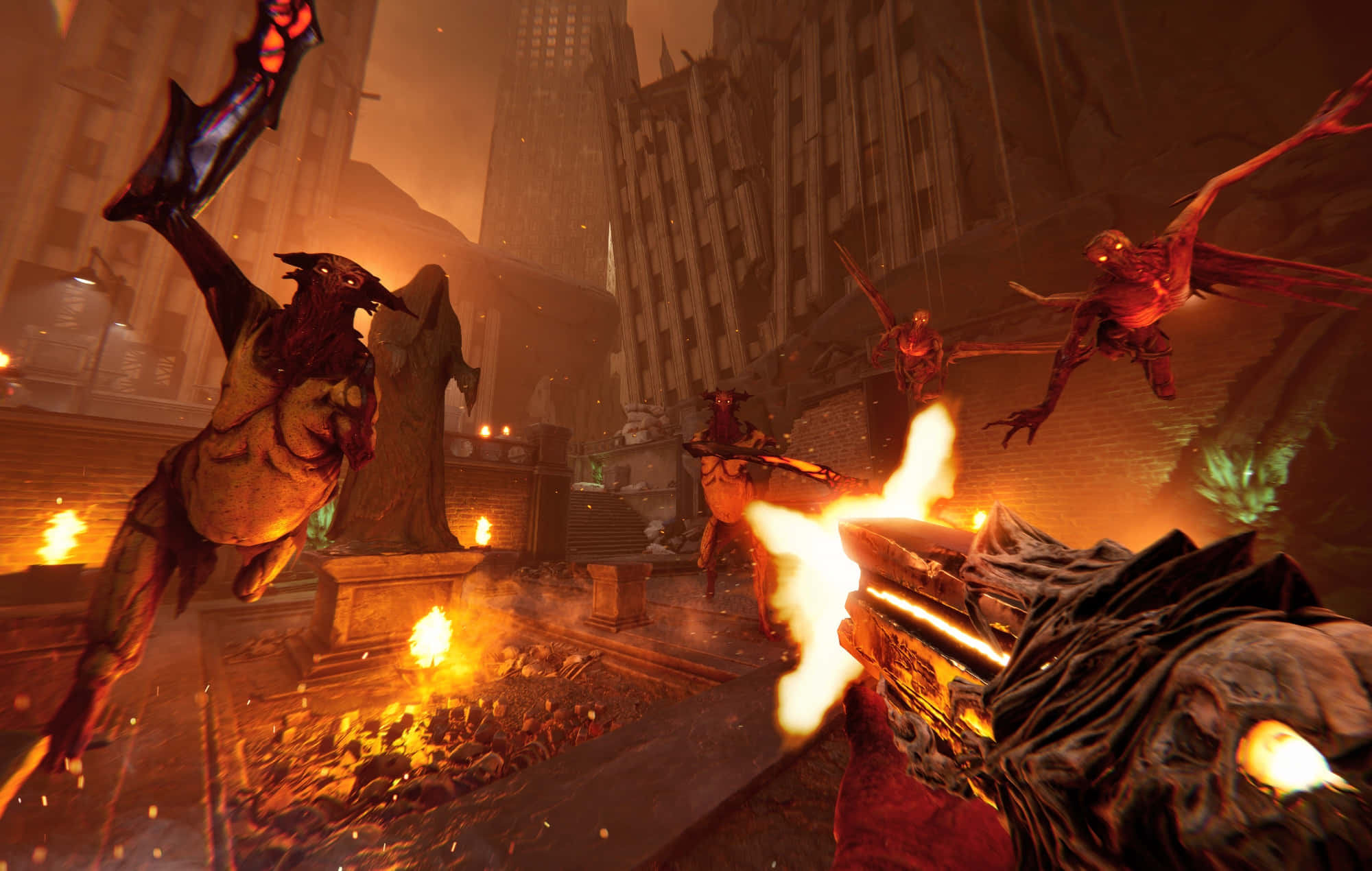 first-person shooter, demonic flying creatures, fiery ruined cityscape, Full HD Desktop Wallpaper