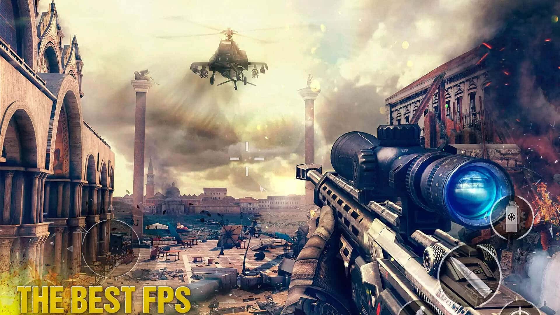 First-person shooter, sniper rifle, helicopter, Full HD Desktop Wallpaper