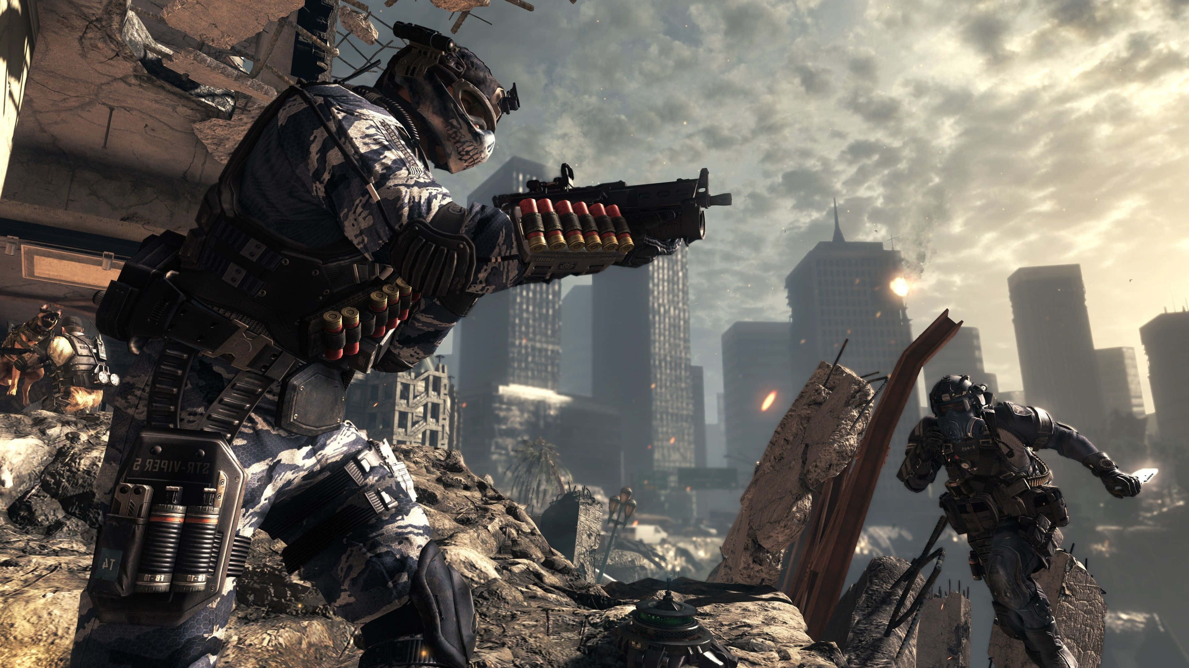 First-Person Shooter, tactical gear, rubble-strewn city ruins, 4K Desktop Wallpaper