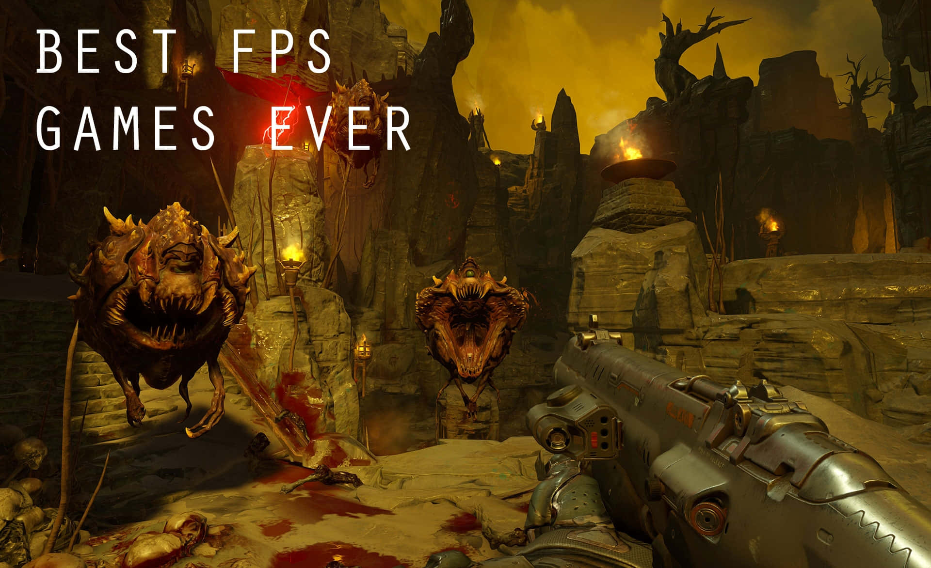 First-person shooter, grotesque monsters, bloodied ground, Full HD Desktop Wallpaper
