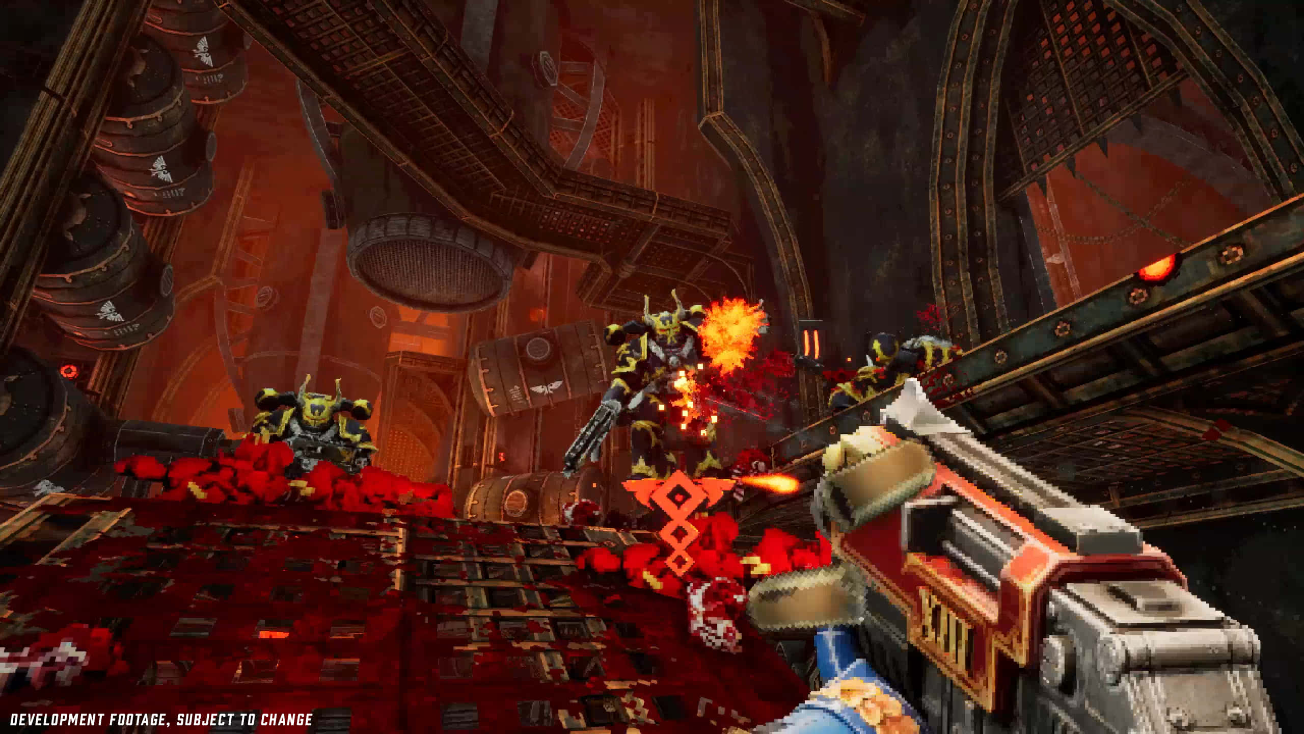 First-Person Shooter, robotic enemies, fiery industrial arena, 2K Desktop Wallpaper