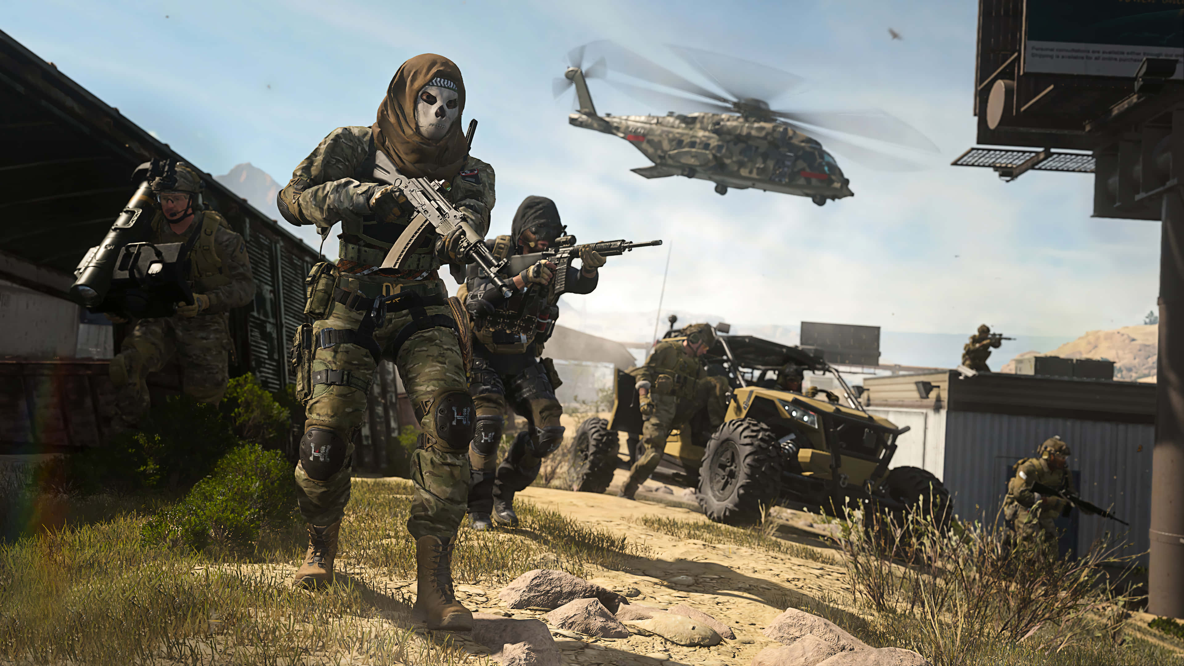 First-Person Shooter, camouflage gear, dusty battlefield, 4K Desktop Wallpaper