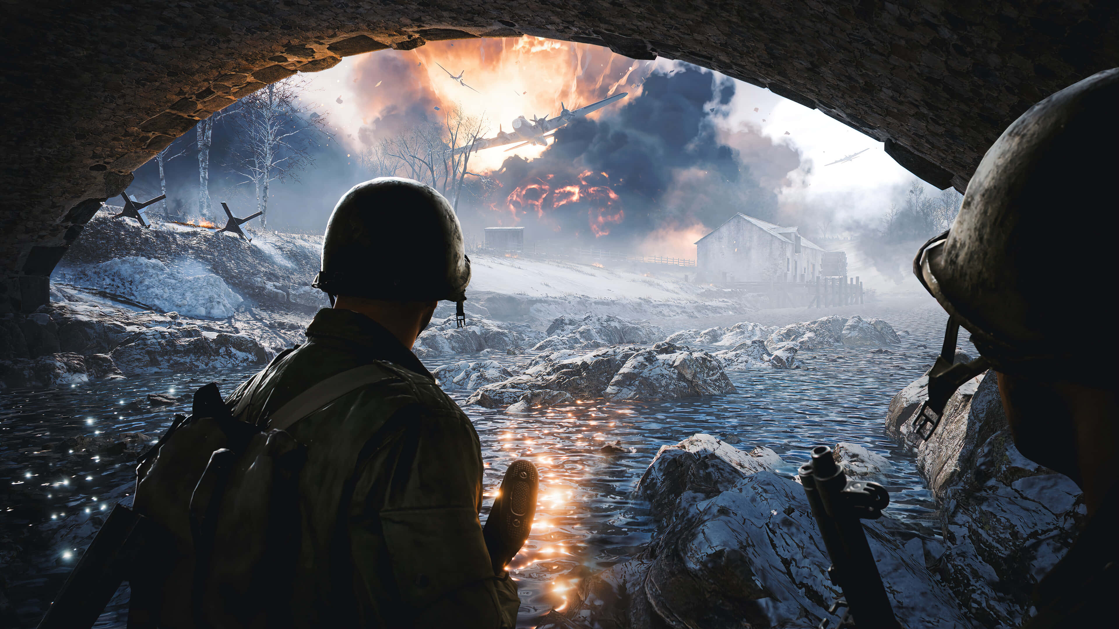 First-Person Shooter, snowy bunker, fiery battlefield, 4K Desktop Wallpaper