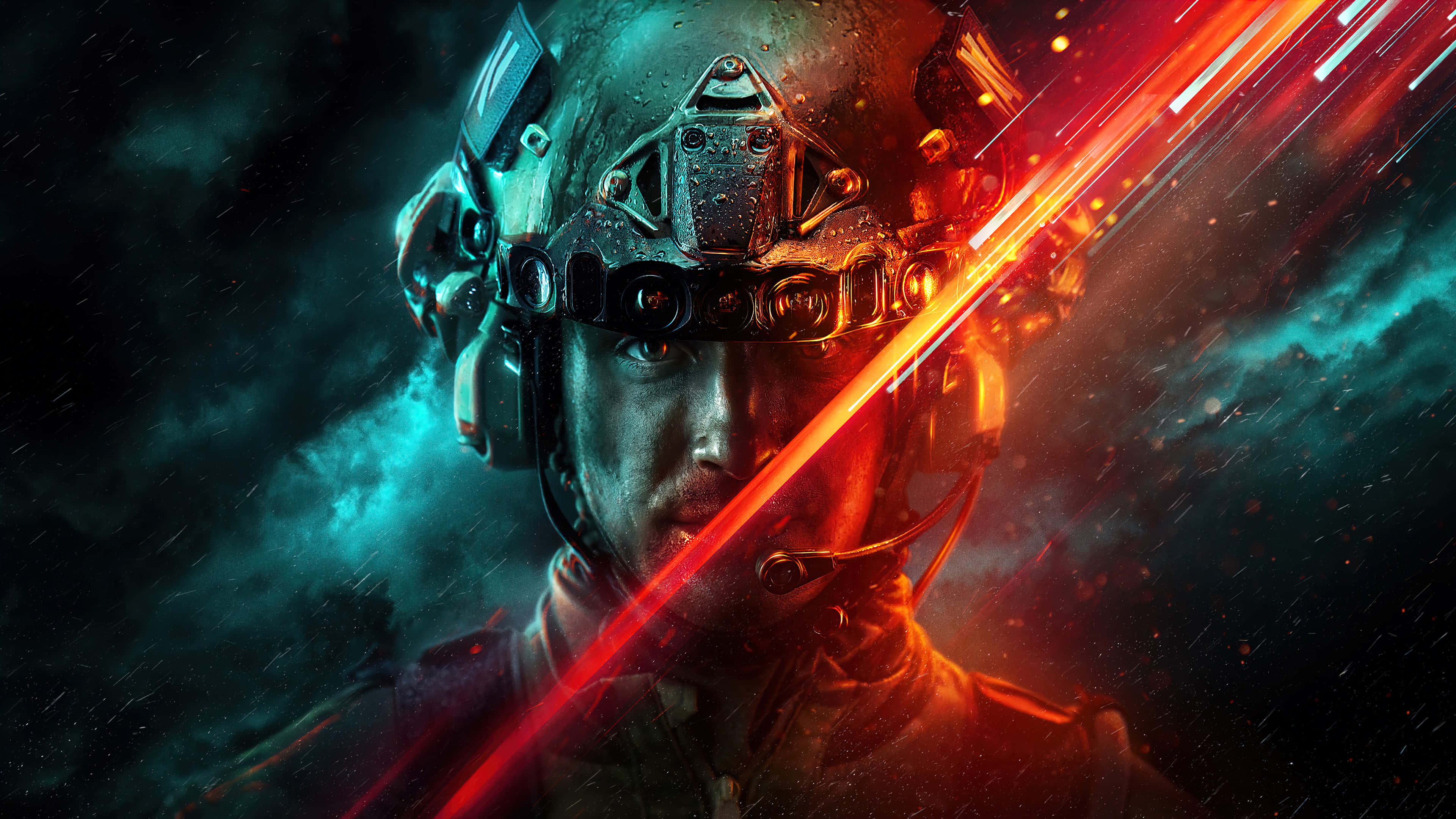 tactical gear, fiery red energy, stormy teal and black backdrop, 4K Desktop Wallpaper