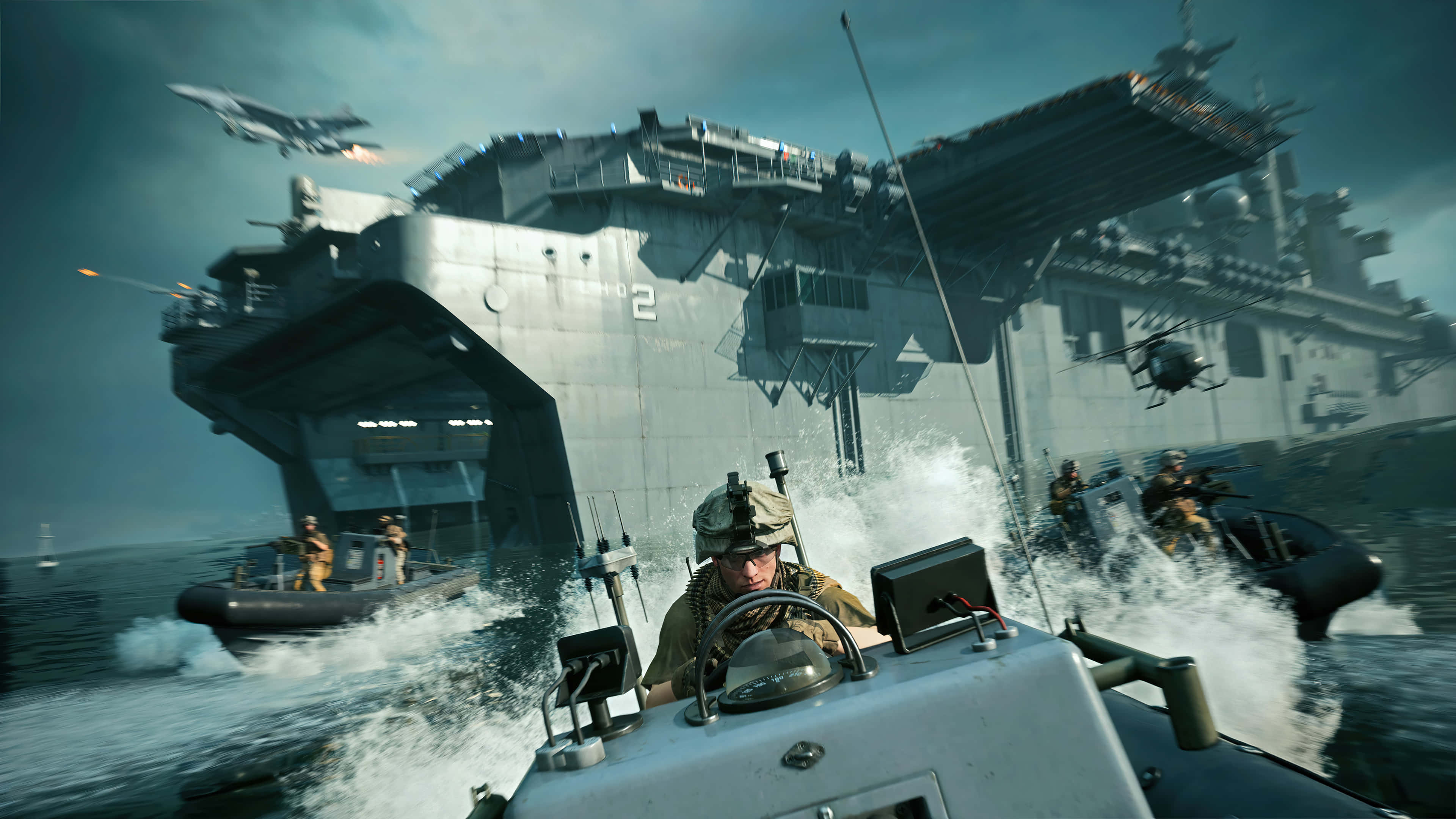 First-Person Shooter, speedboat, aircraft carrier, 4K Desktop Wallpaper