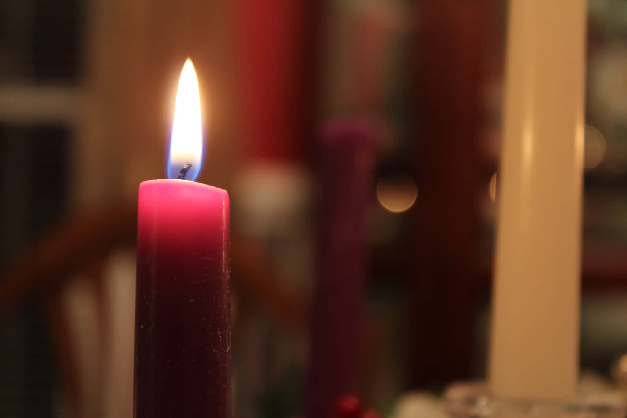 magenta candle, bright flame, warm background, Full HD Desktop Wallpaper