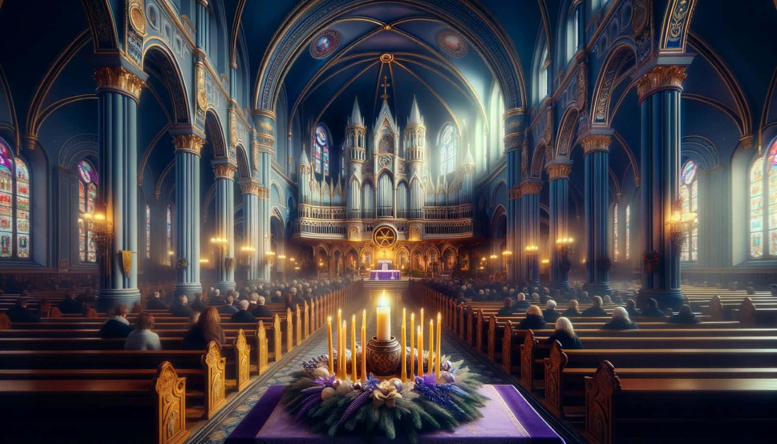 cathedral interior, stained glass windows, golden light, HD Desktop Wallpaper