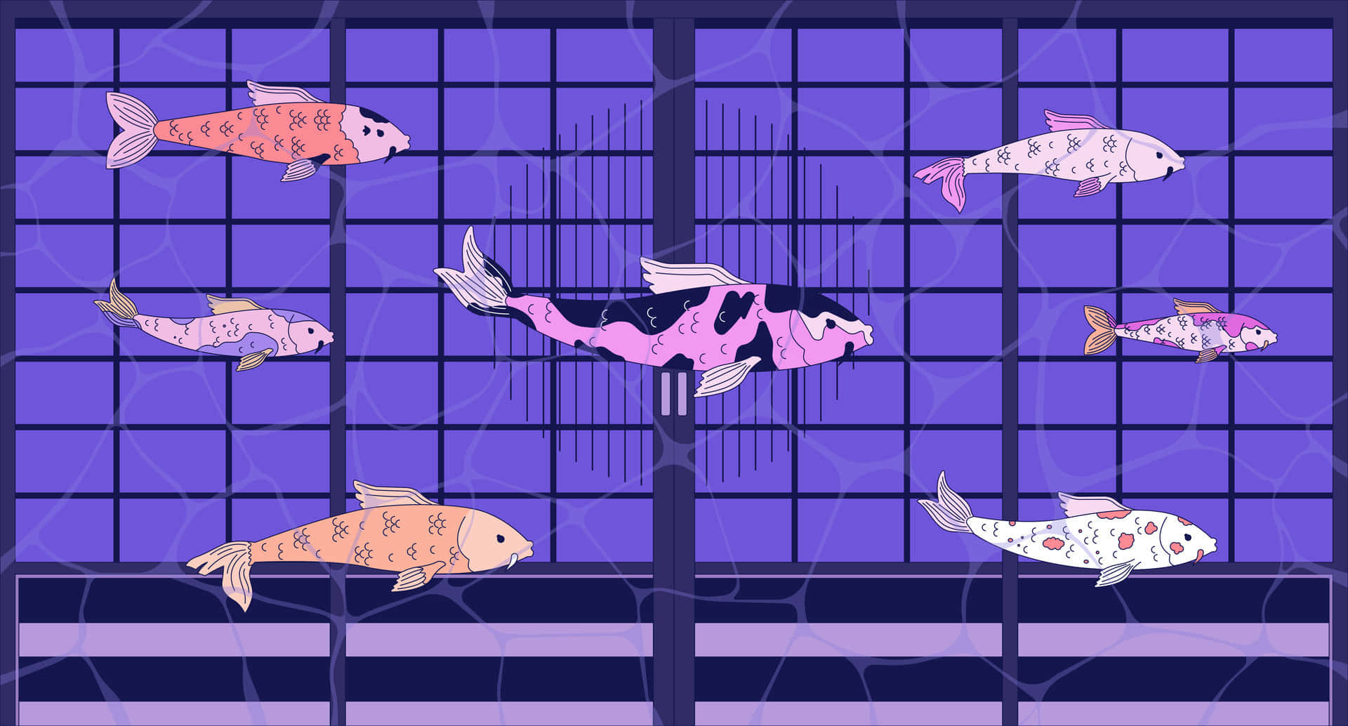 abstract koi fish pattern, purple grid water scene, stylized purple grid, Full HD Desktop Wallpaper