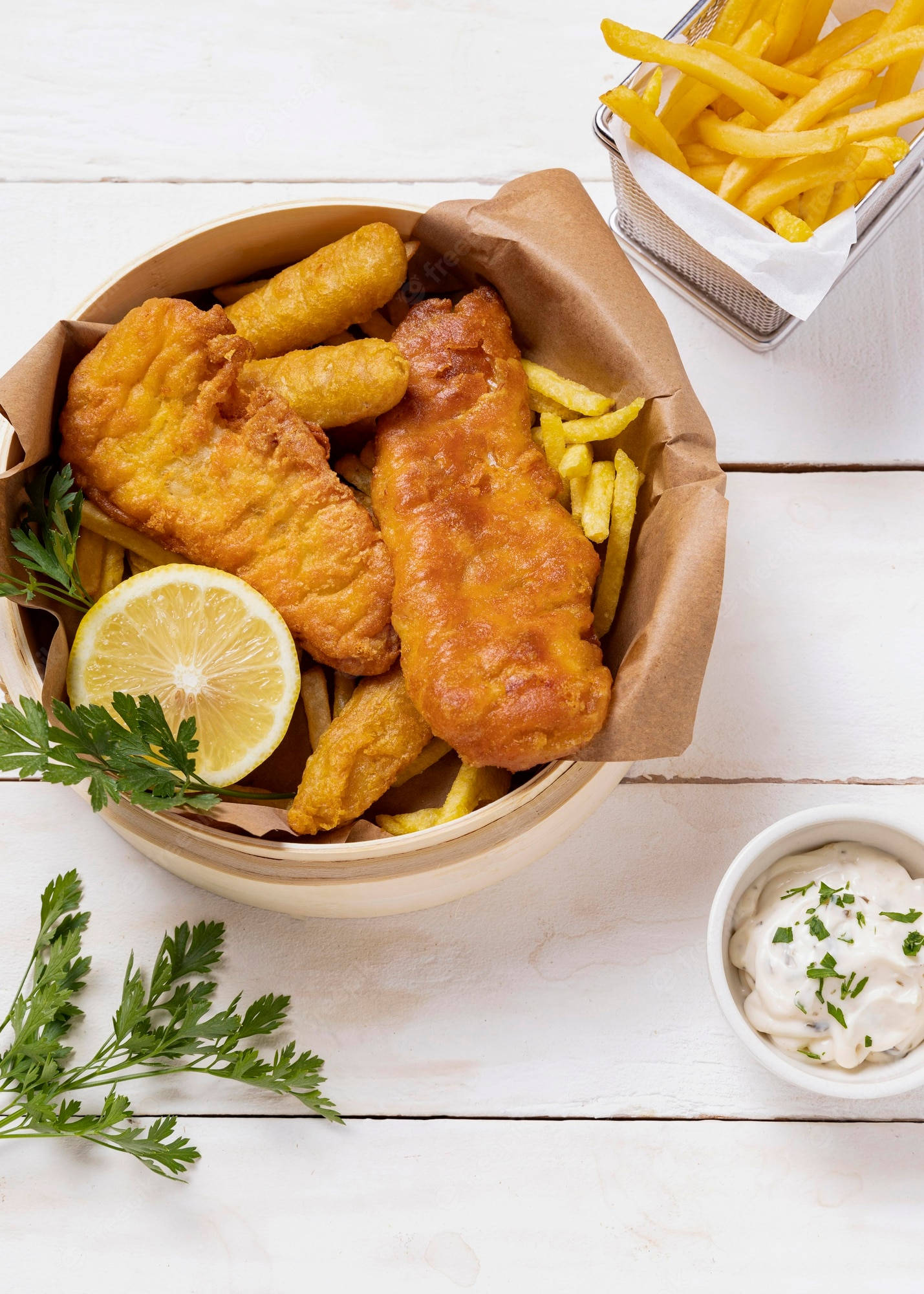 bowl of fish and chips, white wooden table, paper-lined bowl, Full HD Phone Wallpaper