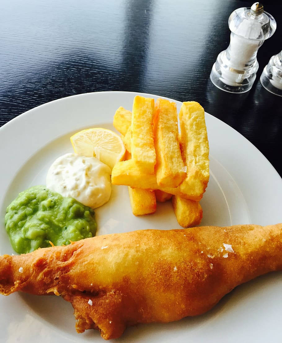 fish and chips, mushy peas, tartare sauce, SD Phone Wallpaper