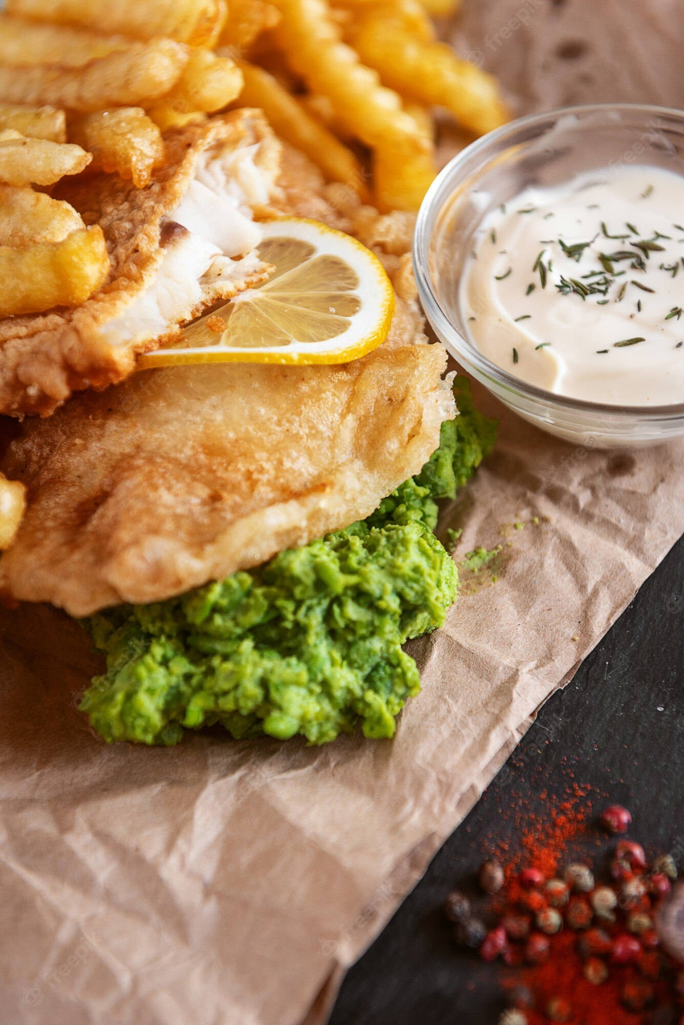 Fish And Chips, brown paper sheet, mushy peas, Full HD Phone Wallpaper