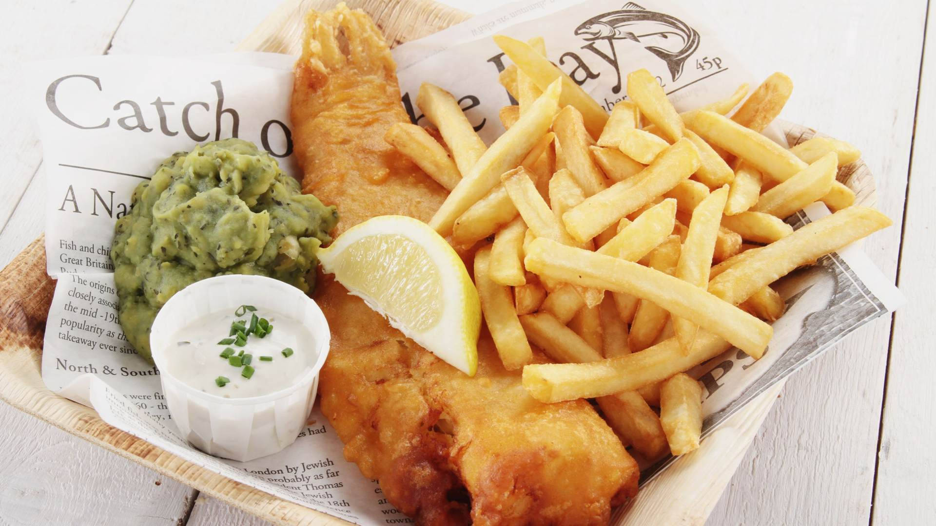 Fish And Chips, mushy peas, tartar sauce, Full HD Desktop Wallpaper