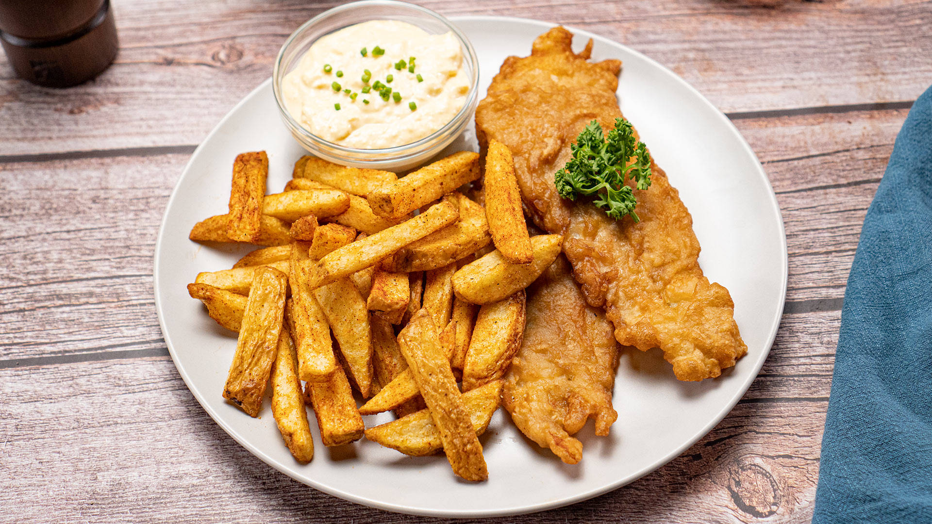fish and chips, white plate, tartar sauce, Full HD Desktop Wallpaper