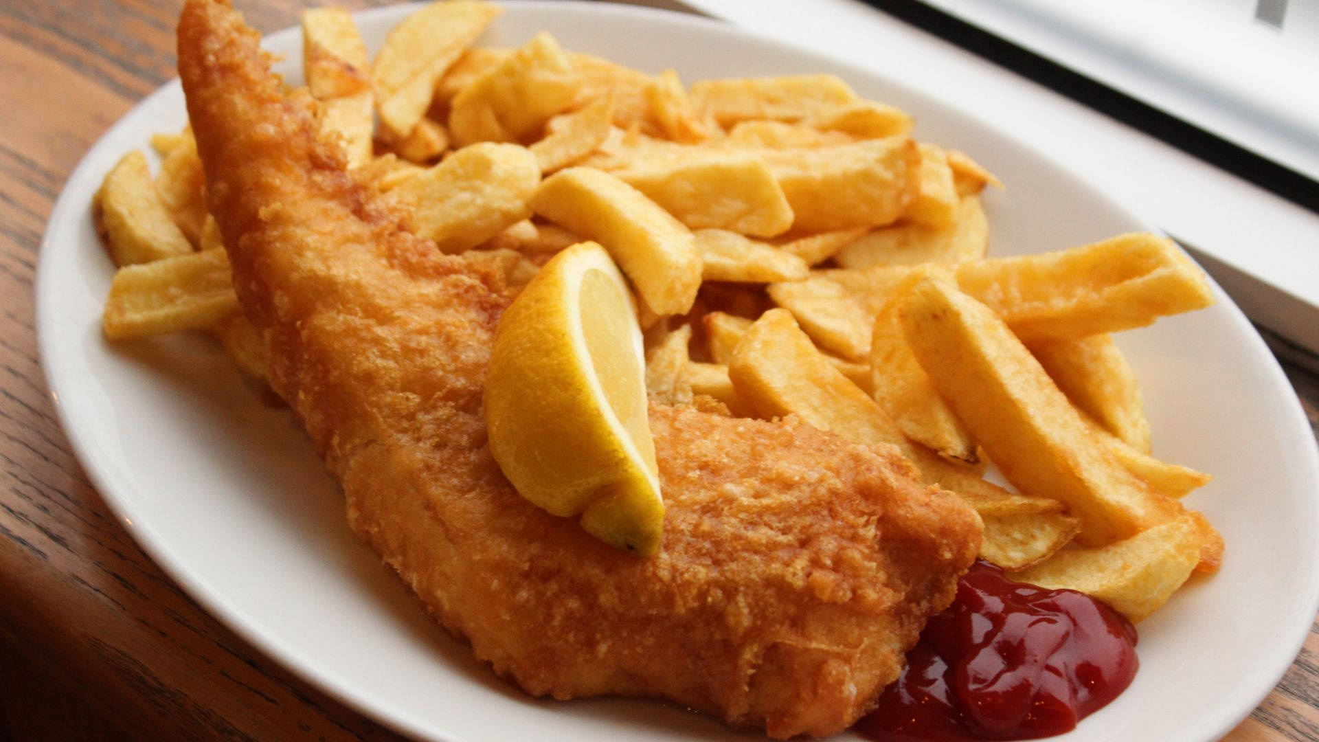 Fish And Chips, lemon wedge, ketchup, Full HD Desktop Wallpaper