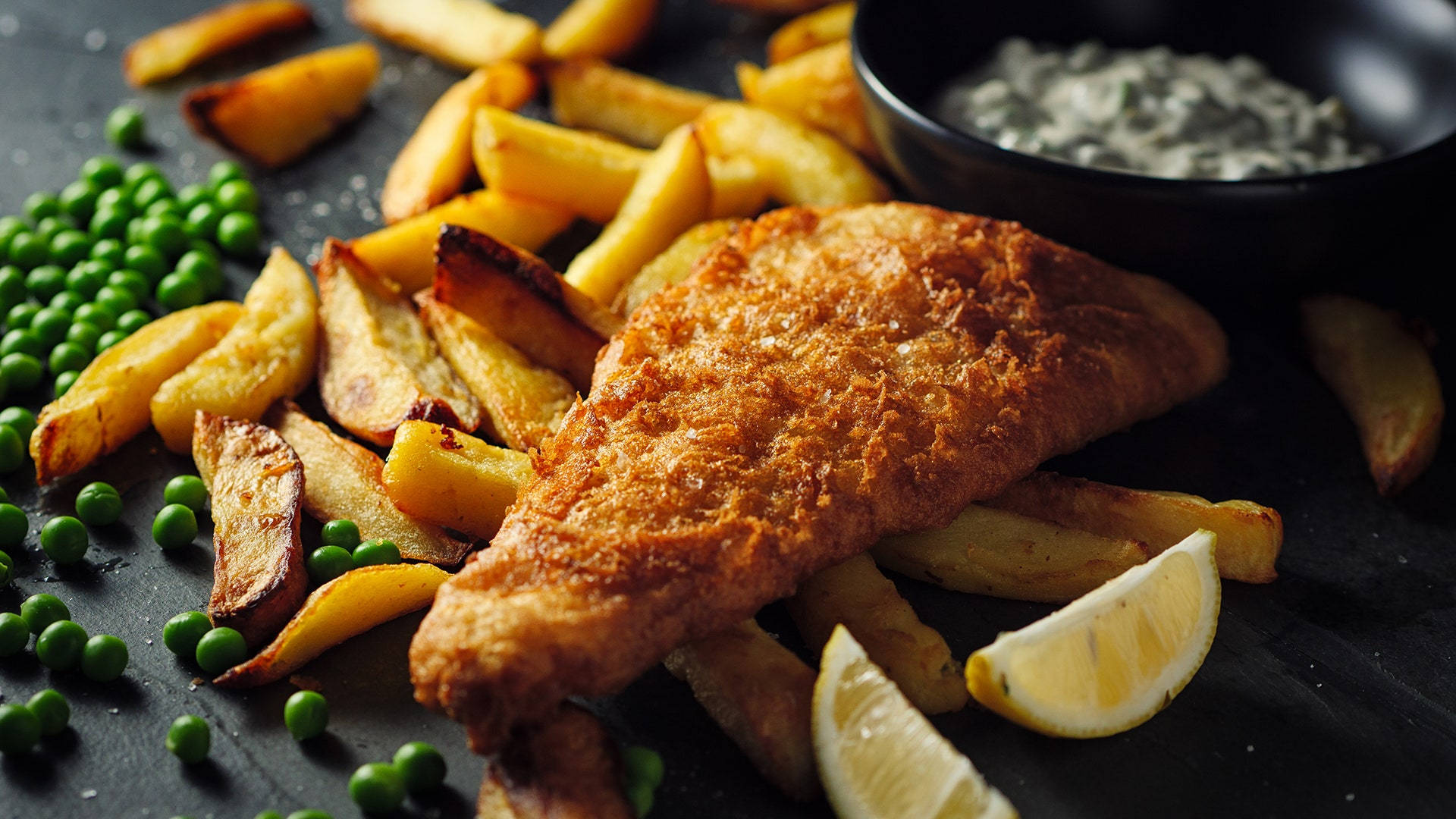 Fish And Chips, golden, green peas, Full HD Desktop Wallpaper