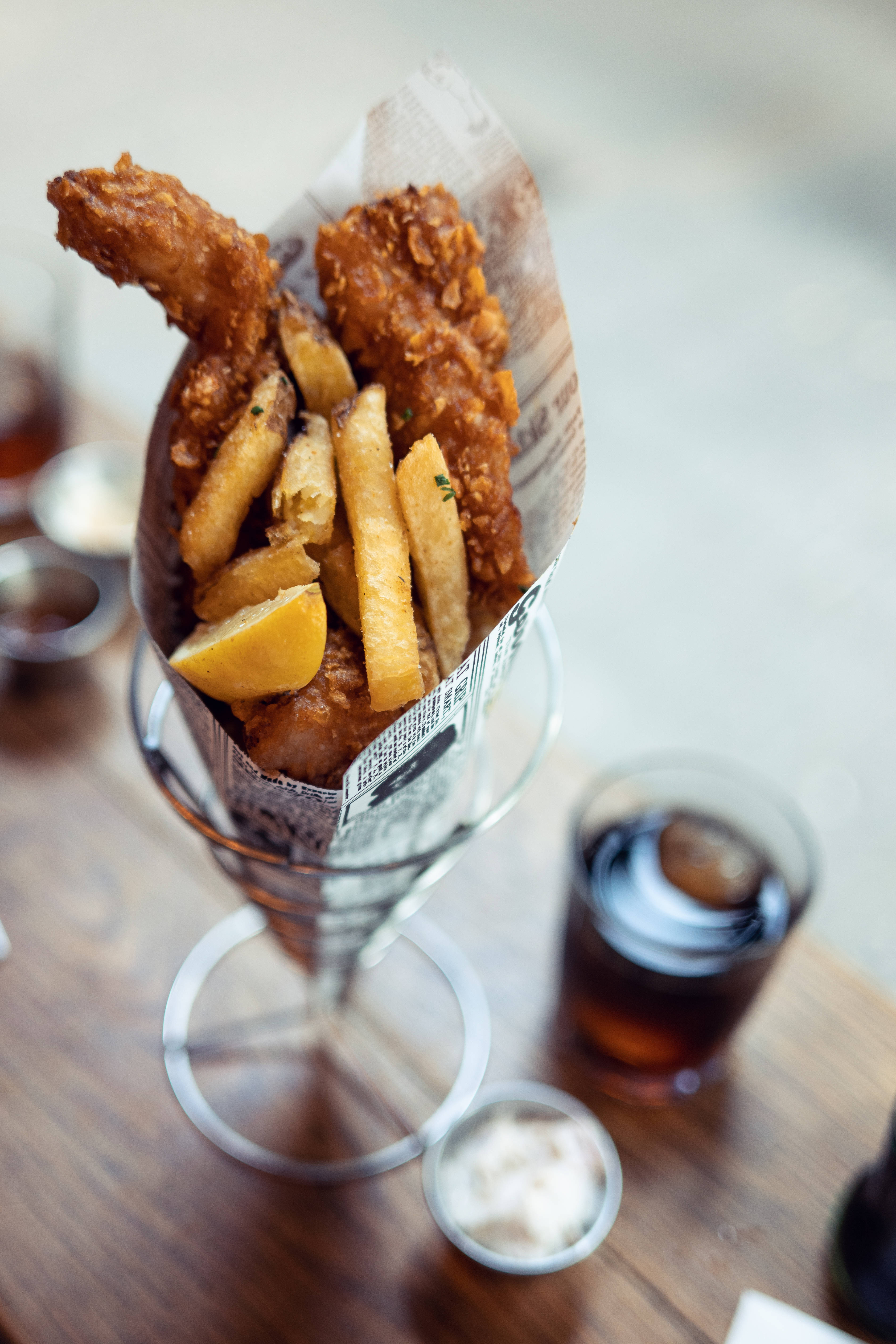 Fish And Chips, newspaper, glass cone, 5K Phone Wallpaper