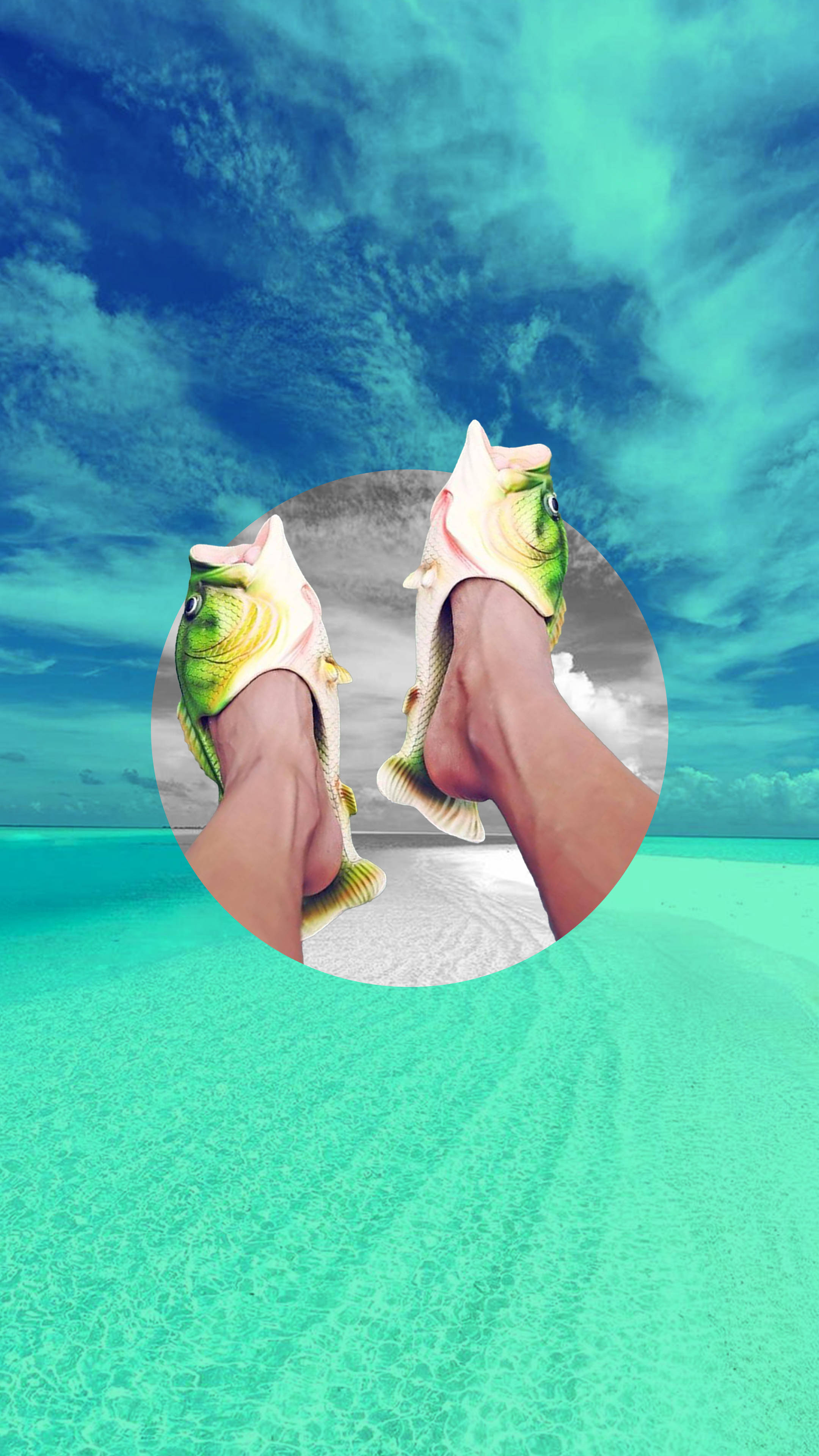 ugly fish slippers, fish-shaped sandals, circular beach scene, 4K Phone Wallpaper