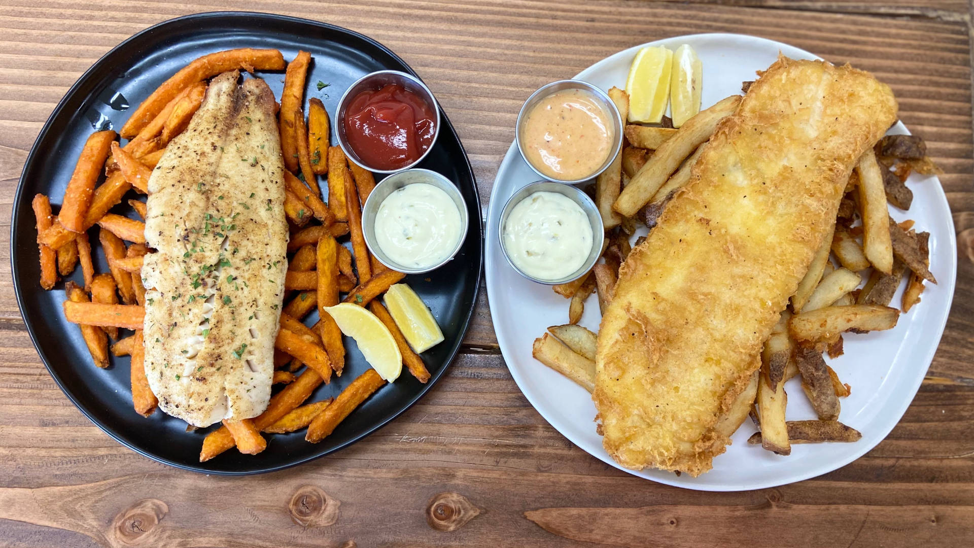 fish and chips, baked fish, sweet potato fries, Full HD Desktop Wallpaper