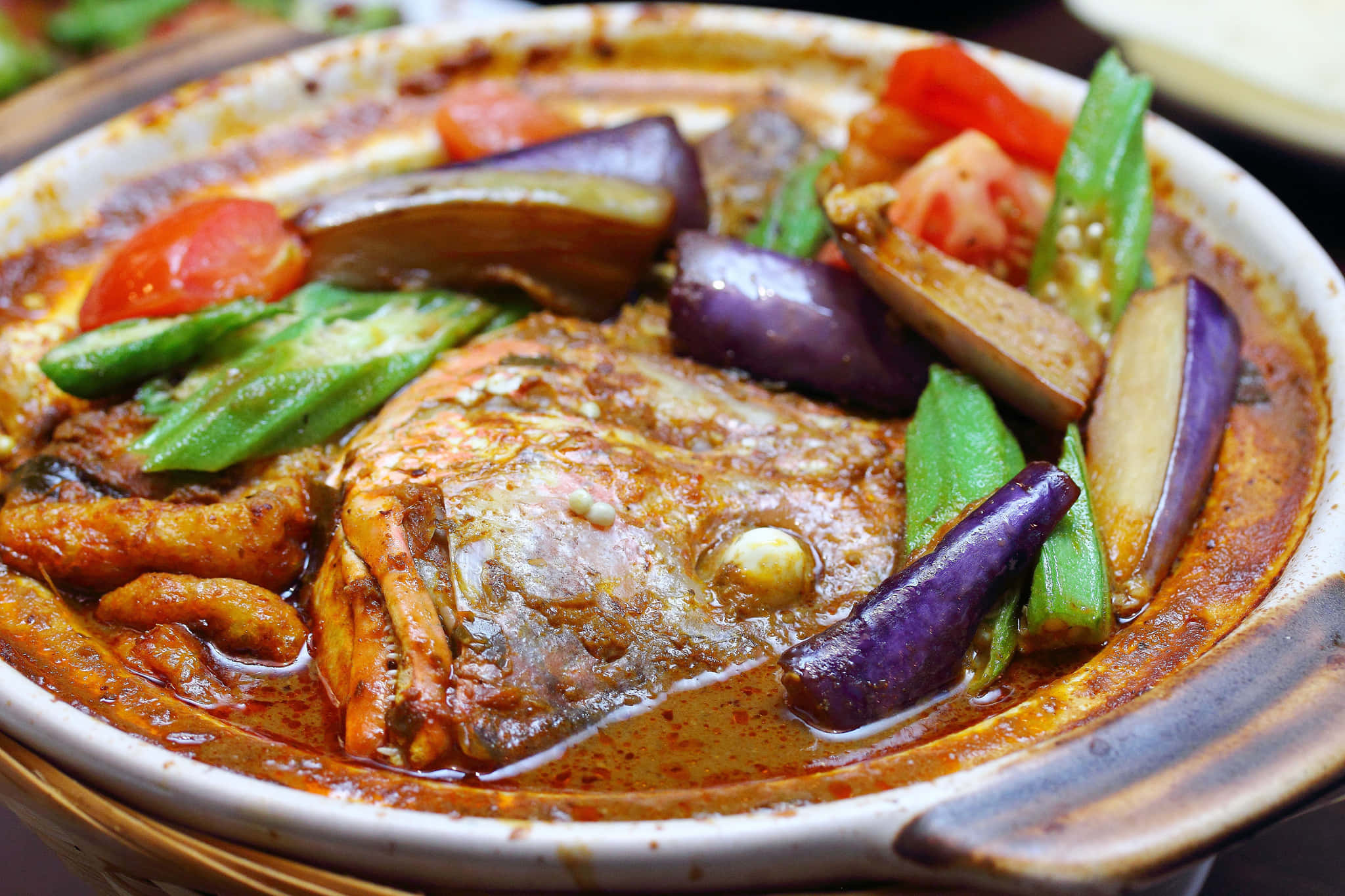 fish head curry, clay pot, eggplant, Full HD Desktop Wallpaper