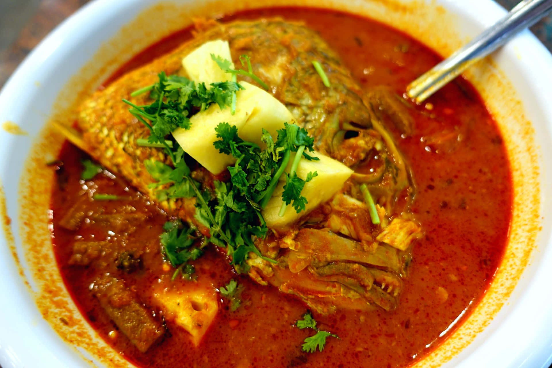Fish Head Curry, steaming bowl, rich red fish curry, Full HD Desktop Wallpaper