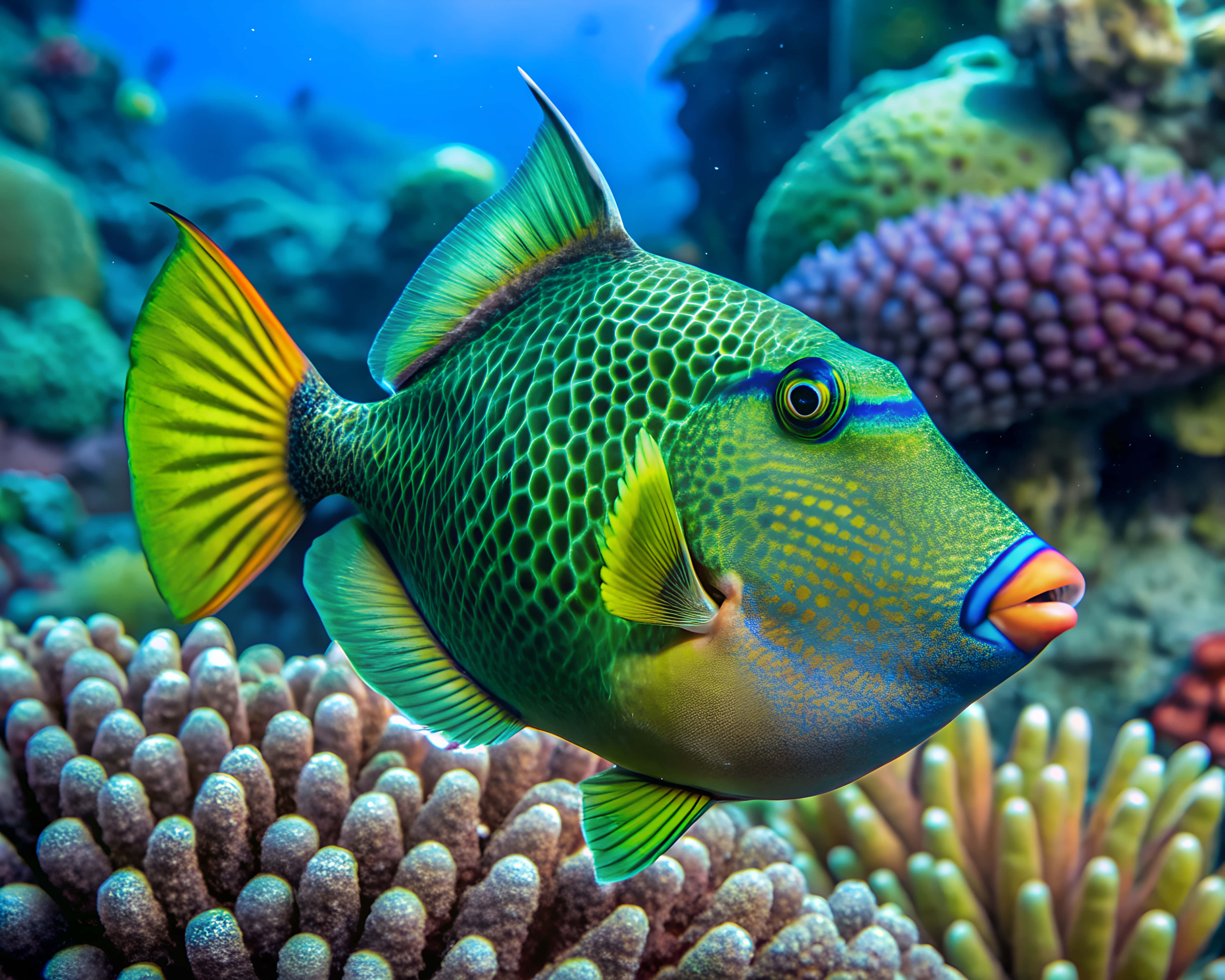 triggerfish, coral formations, clear blue ocean water, 4K Desktop Wallpaper