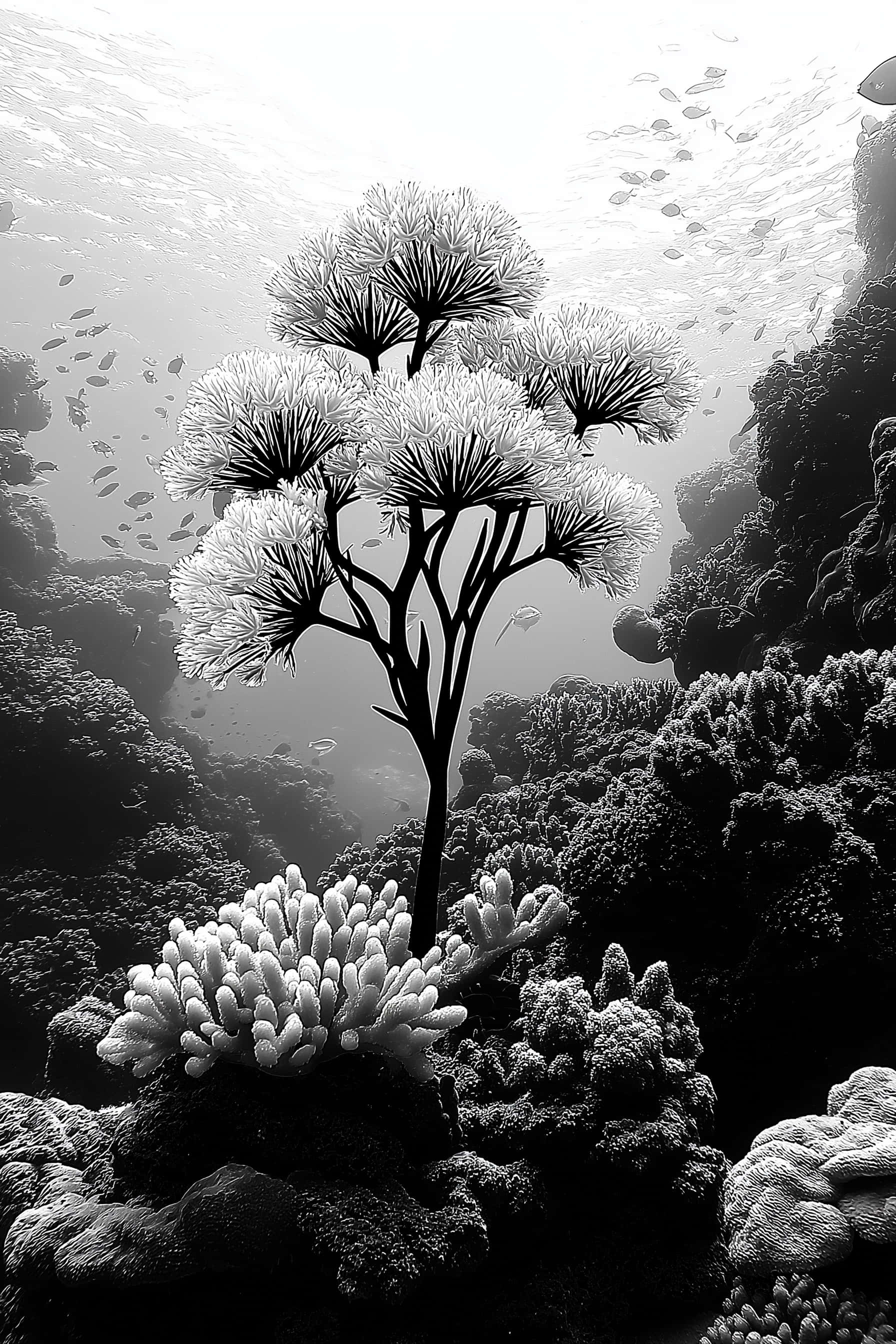 abstract tree, underwater coral, fish, 2K Phone Wallpaper