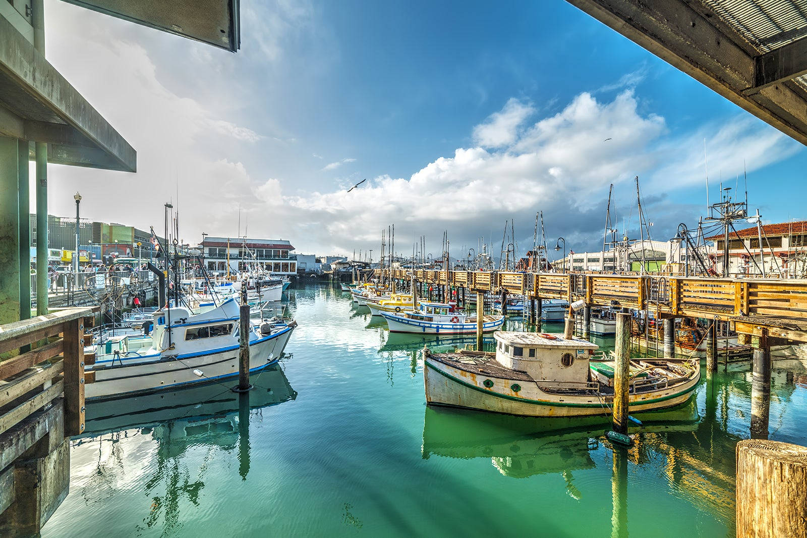 Fishermans Wharf, turquoise water, fishing boats, HD Desktop Wallpaper