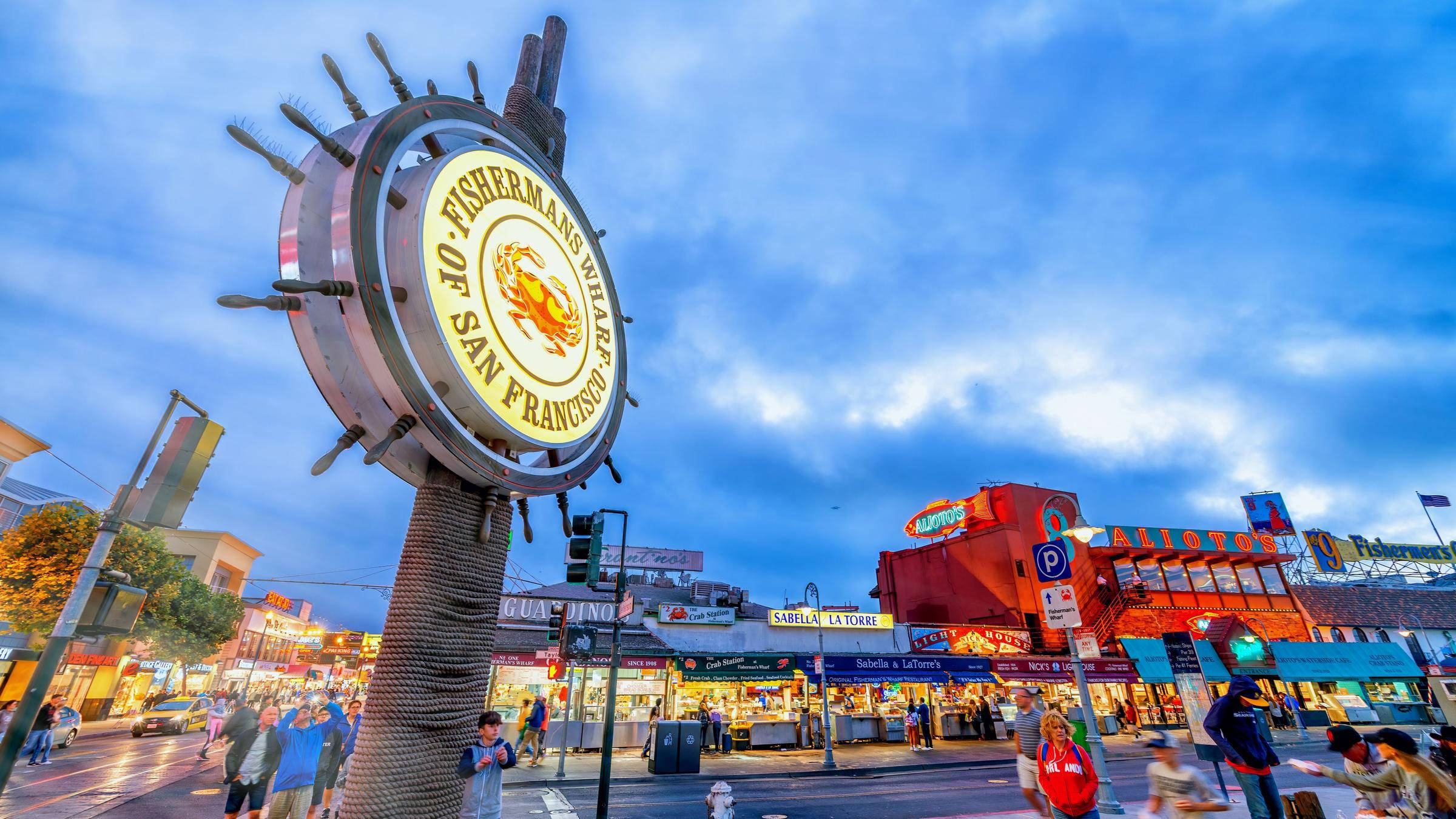 Fishermans Wharf Sign, twilight sky, colorful shops, Full HD Desktop Wallpaper