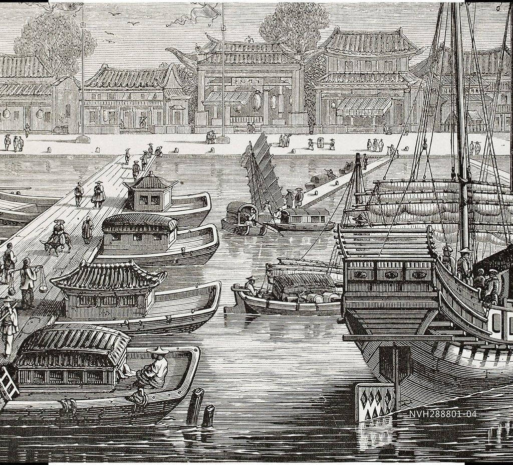 Fishermans Wharf, black and white engraving, historic Chinese river port, SD Desktop Wallpaper