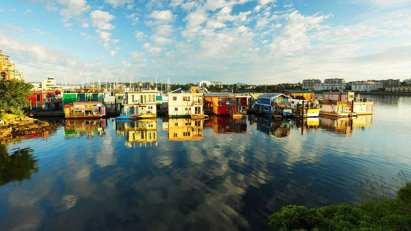 Fishermans Wharf, aesthetic dock houses, calm water, HD Desktop Wallpaper