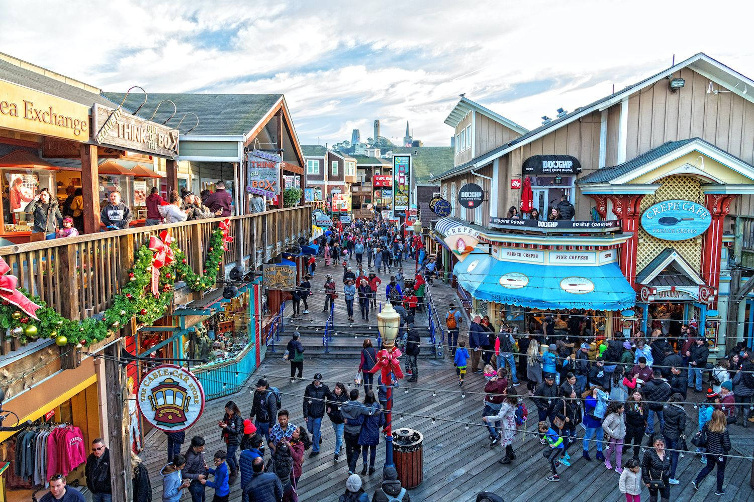 Fishermans Wharf, wooden boardwalk, festive shops, HD Desktop Wallpaper