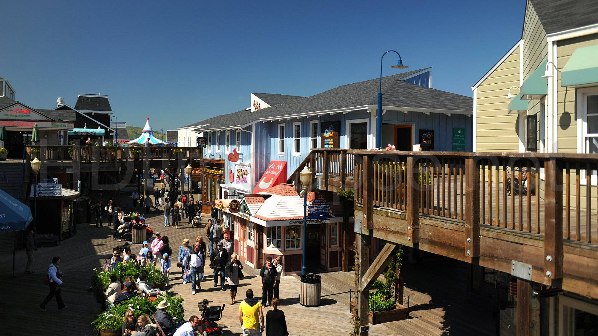 Fishermans Wharf, wooden boardwalk, colorful shops, Full HD Desktop Wallpaper