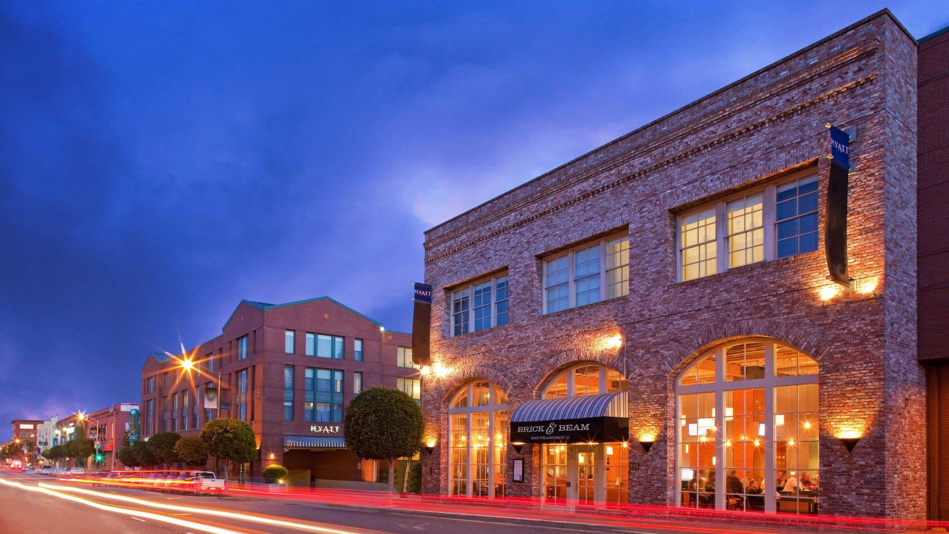 Fishermans Wharf, brick building, warm interior lights, Full HD Desktop Wallpaper