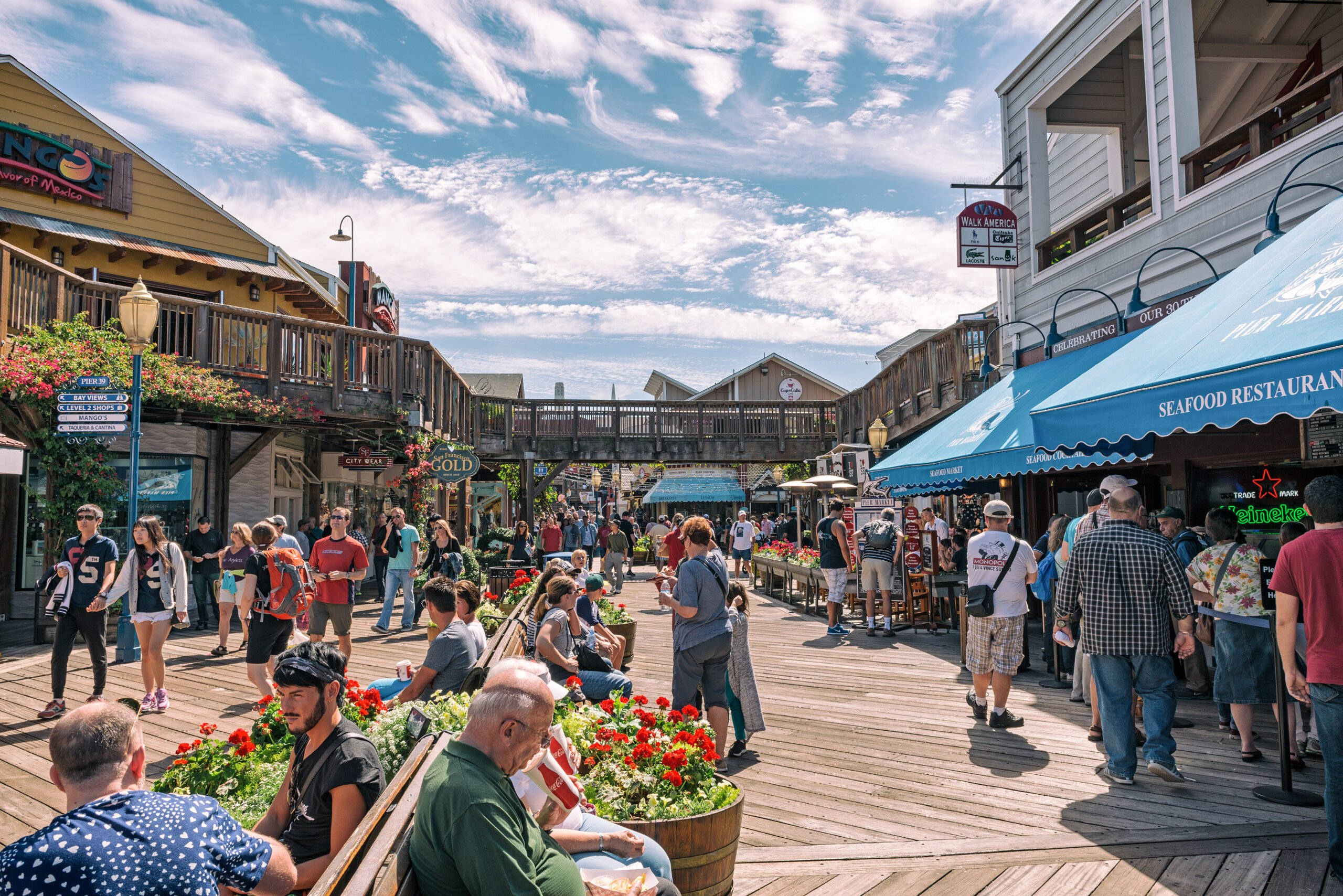 Fishermans Wharf, wooden boardwalk, bright blue sky, 2K Desktop Wallpaper